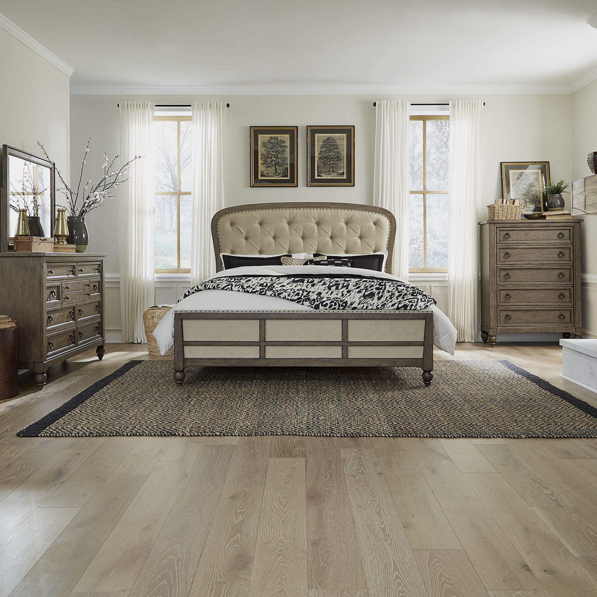 Liberty Furniture Americana Farmhouse - 4 Piece Bedroom Set (Queen Shelter Bed, Dresser & Mirror, Chest) - Light Brown