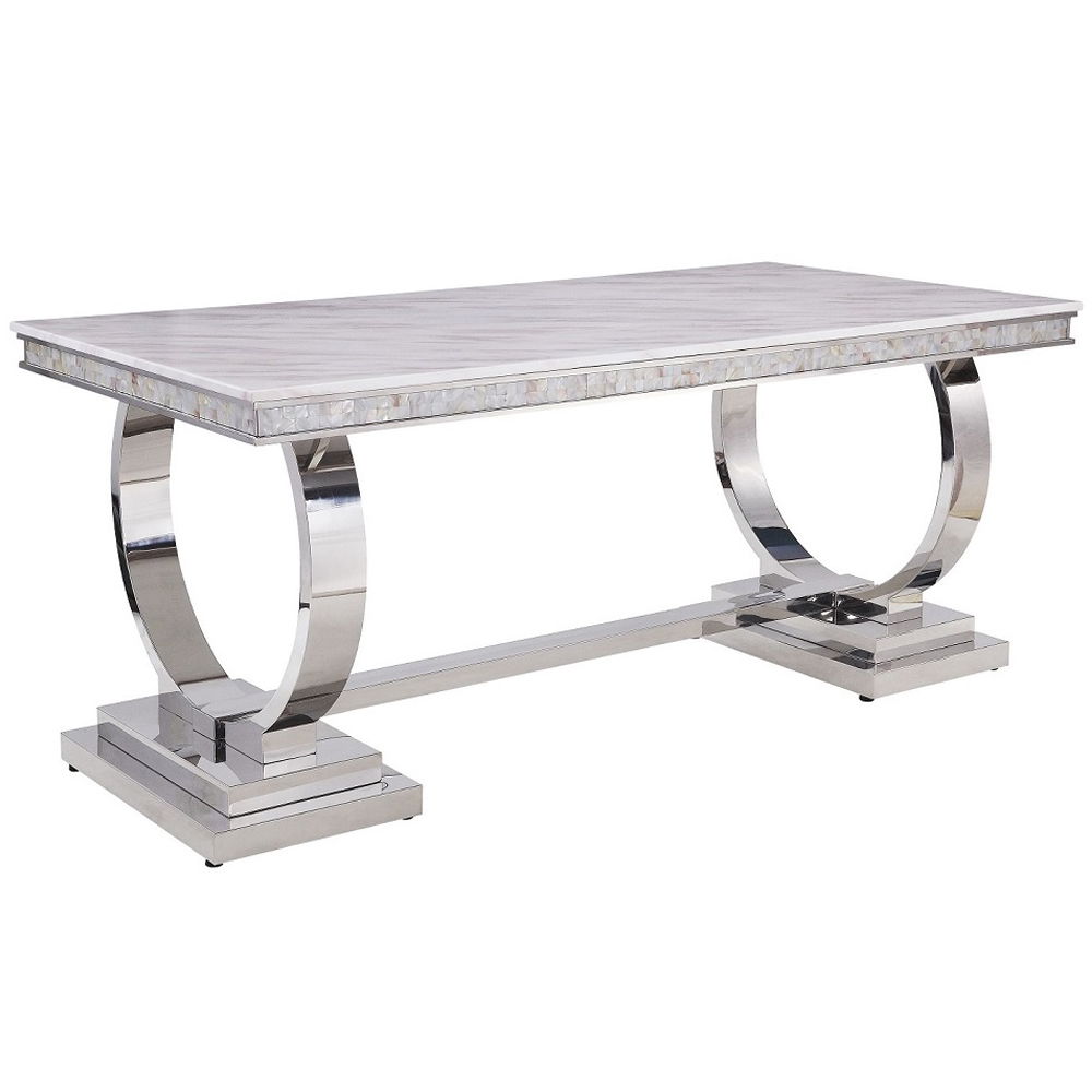 Zander - Dining Table - White Printed Faux Marble Top & Mirrored Silver, white, view 2