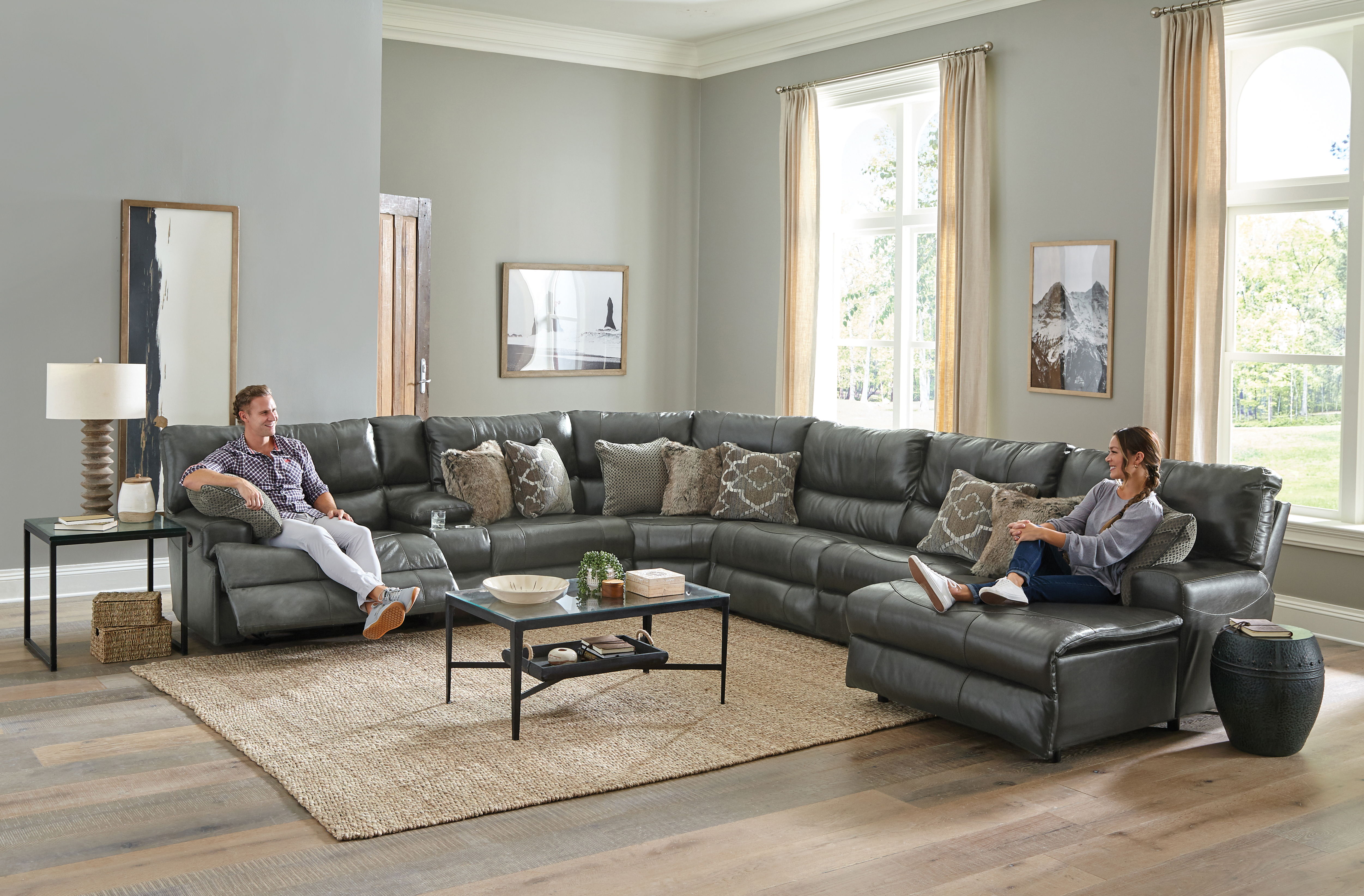 Como - 7 Piece Italian Leather Match Manual Reclining Sectional With 2 Reclining Seats And RSF Chaise - Steel
