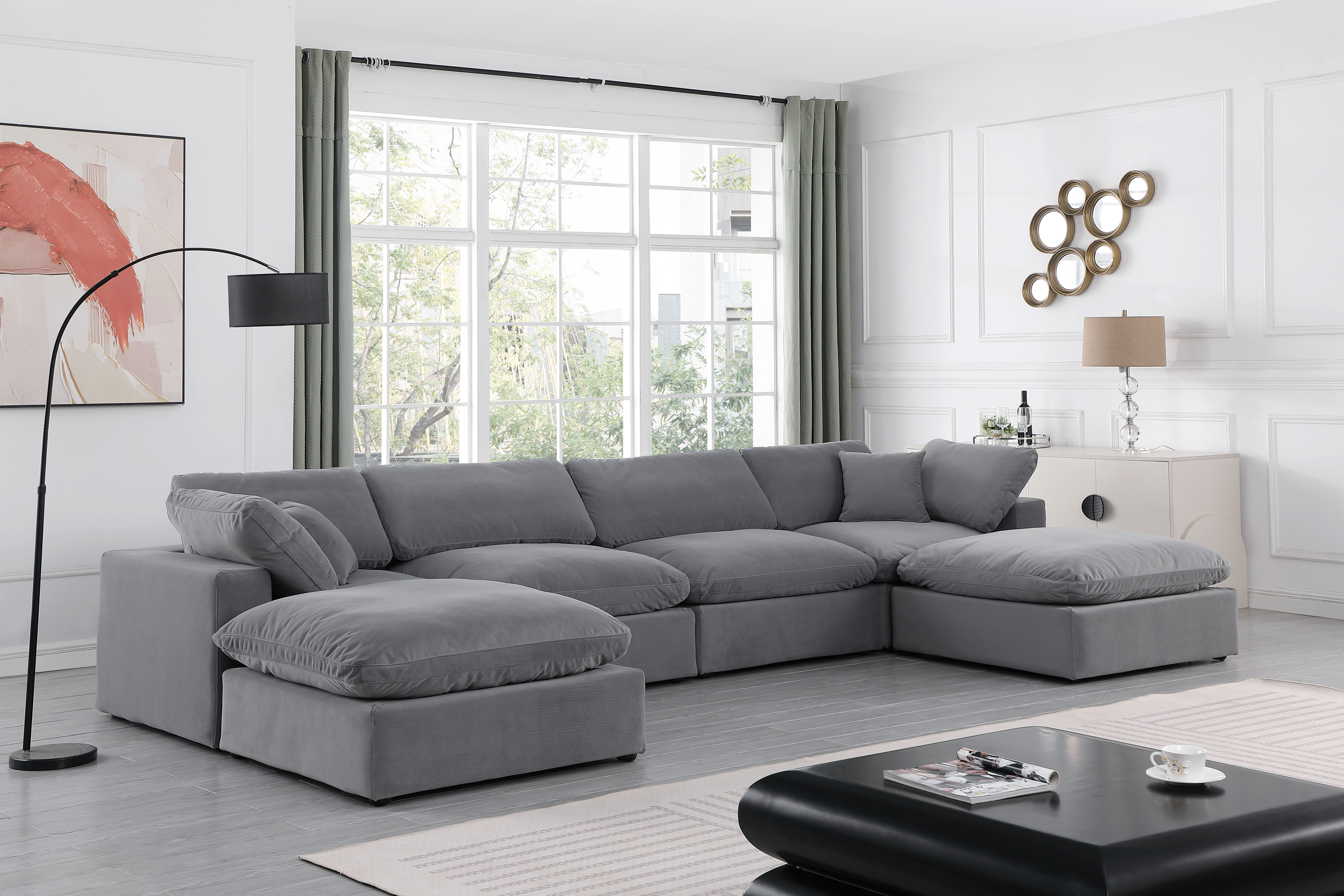 Comfy - 6 Piece Velvet Modular Double Chaise Sectional - Dark Gray