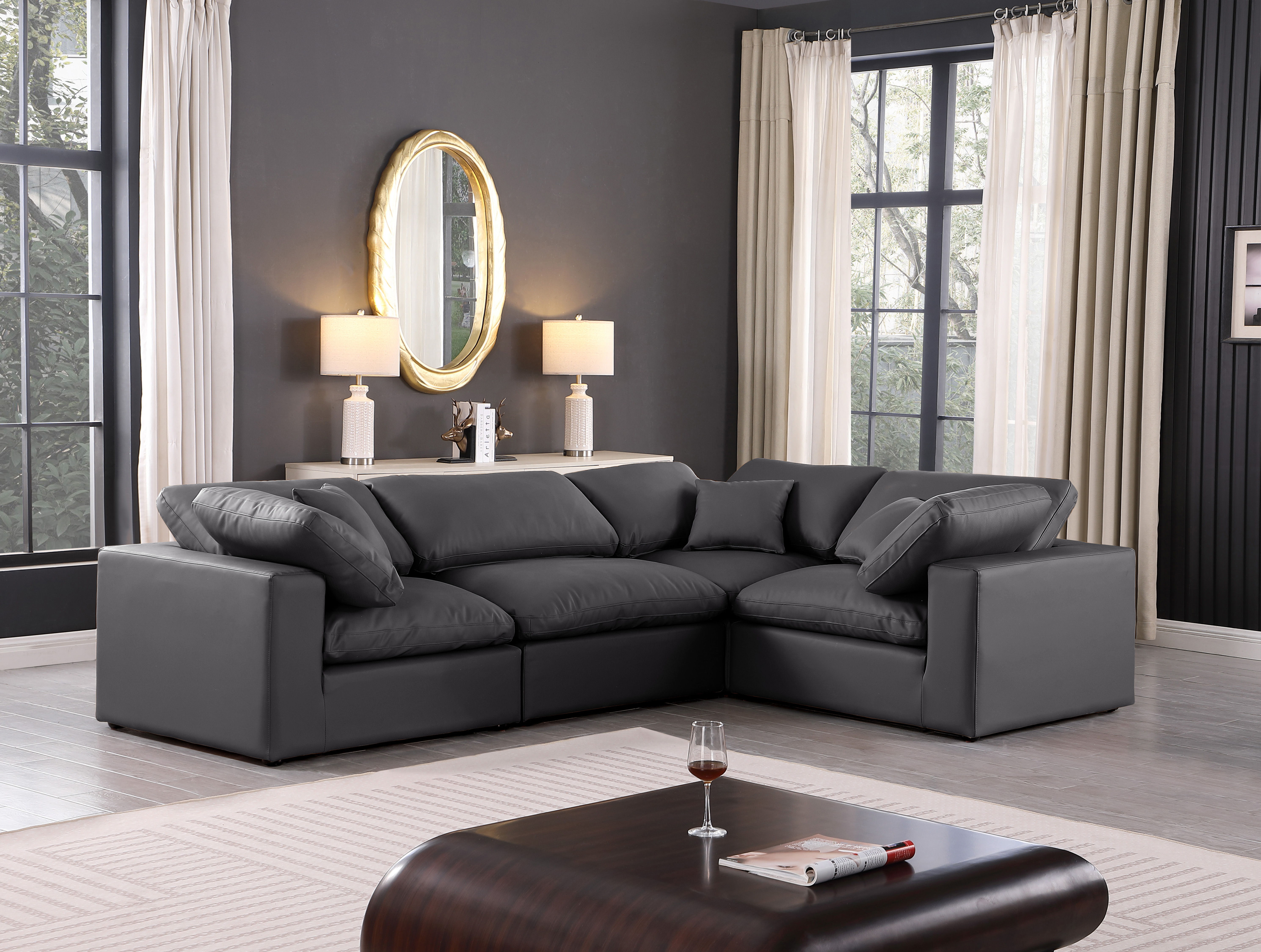 Comfy - 4 Piece Faux Leather Modular Sectional - Charcoal