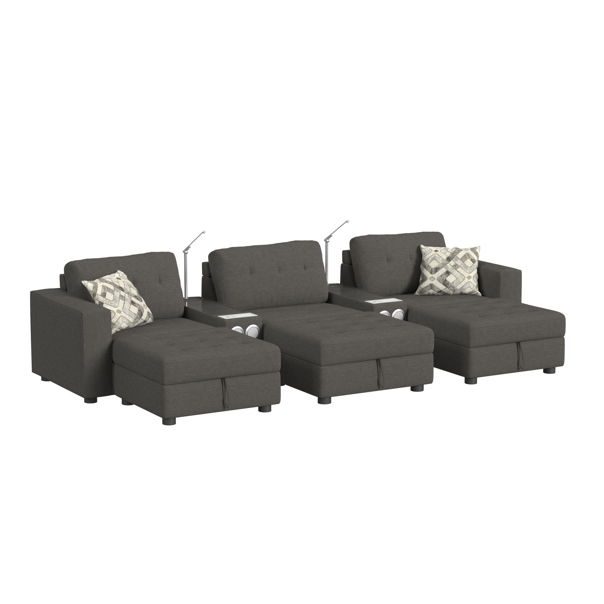 Options One - 8 Piece Living Room Set Sectional With Media Console And 3 Ottomans - Ash