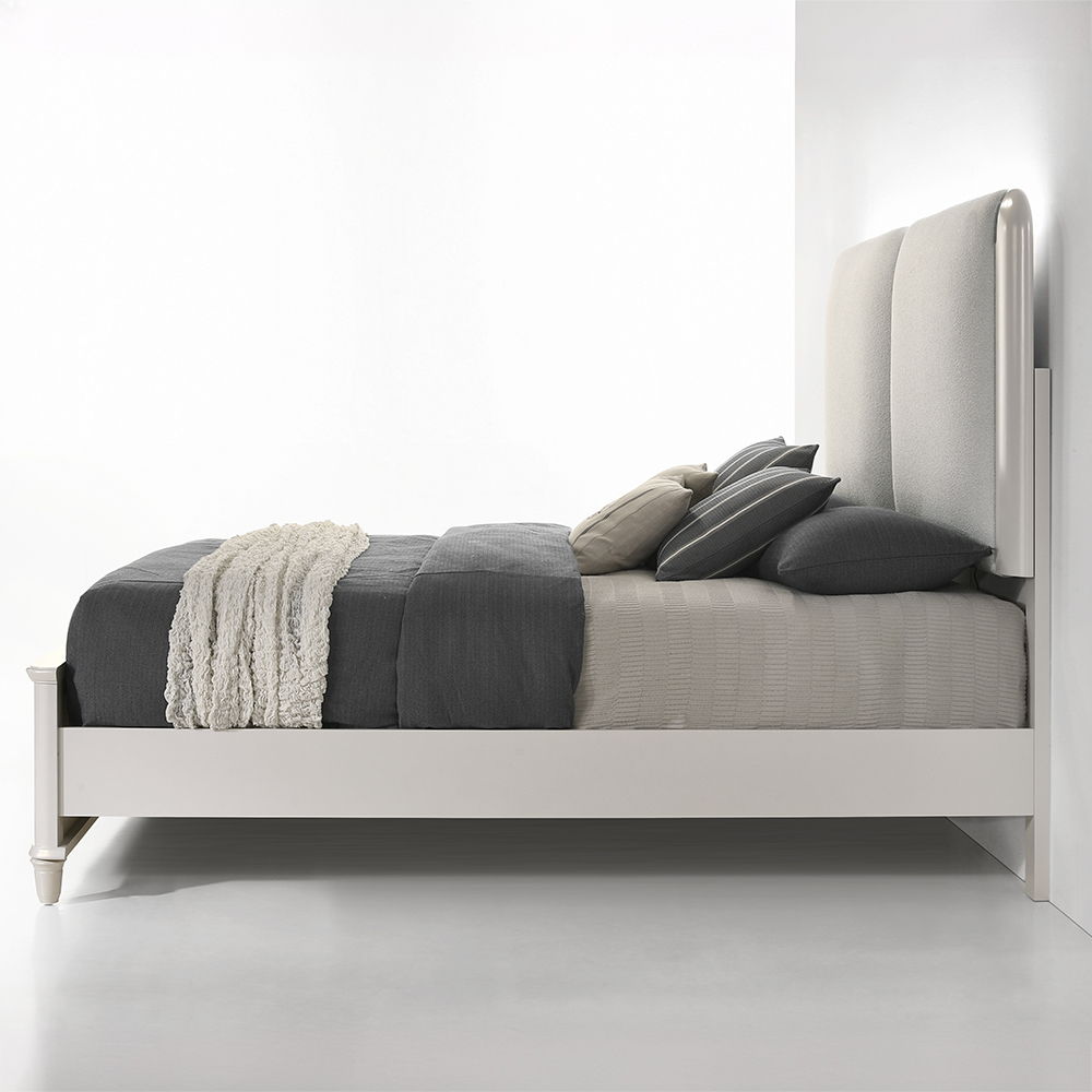 Laveda - Queen Bed With LED - Light Gray Boucle & Pearl White, white, view 3