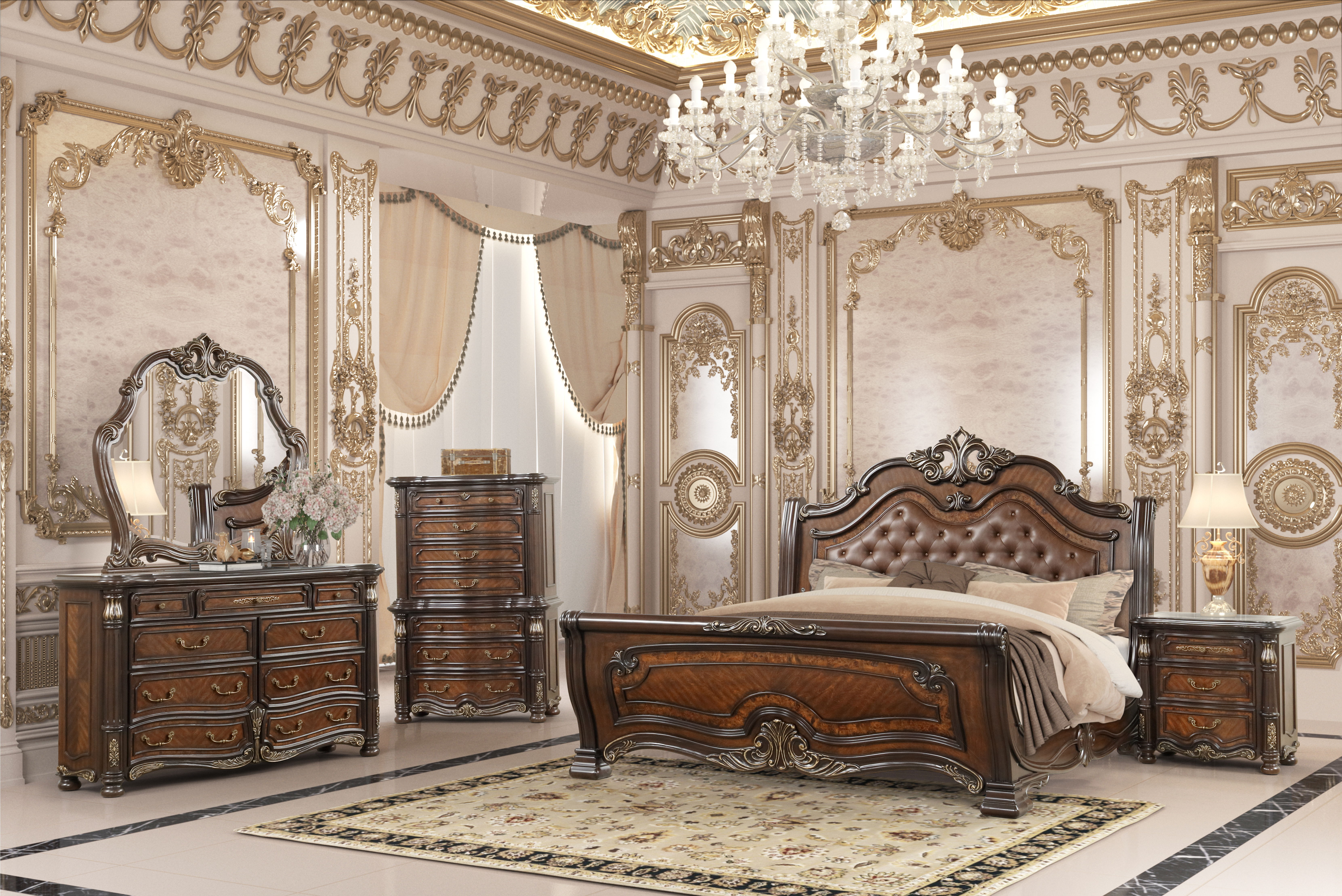 Bella Notte - 6/0 Western King 5 Piece Set (Padded Sleigh Bed, Dresser, Mirror, Chest, Nightstand) - Cherry
