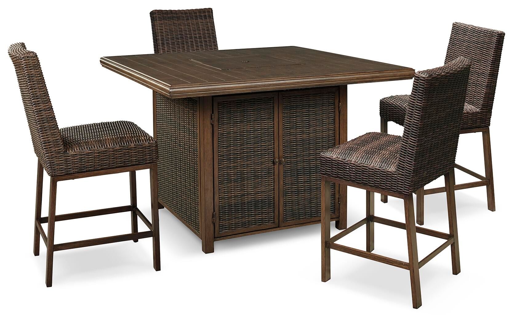 Paradise Trail – 5 Pc. – Outdoor Counter Height Dining Table With 4 Barstools – Medium Brown