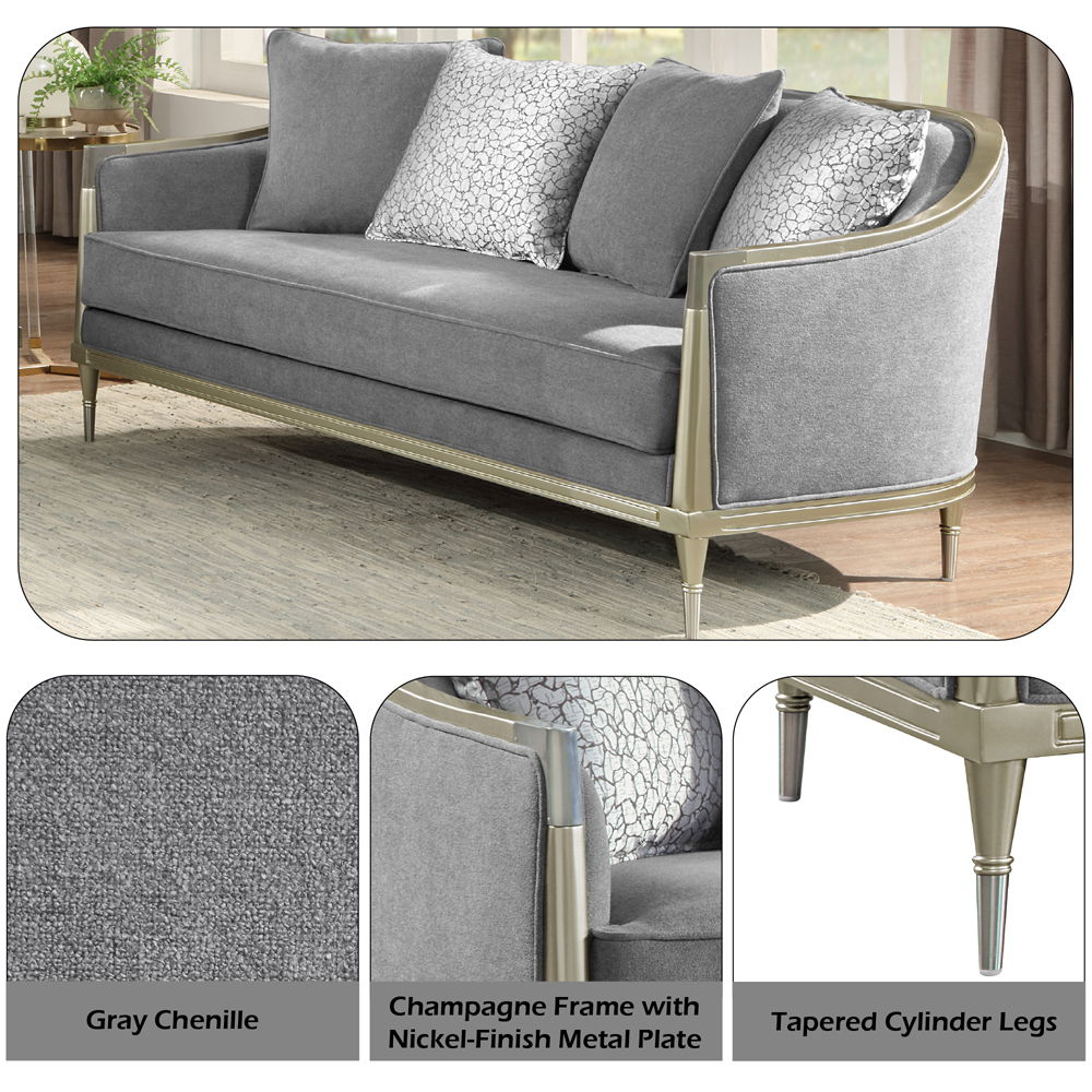 Fernando - Loveseat With 4 Pillows - Gray Chenille & Champagne, gray, view 7