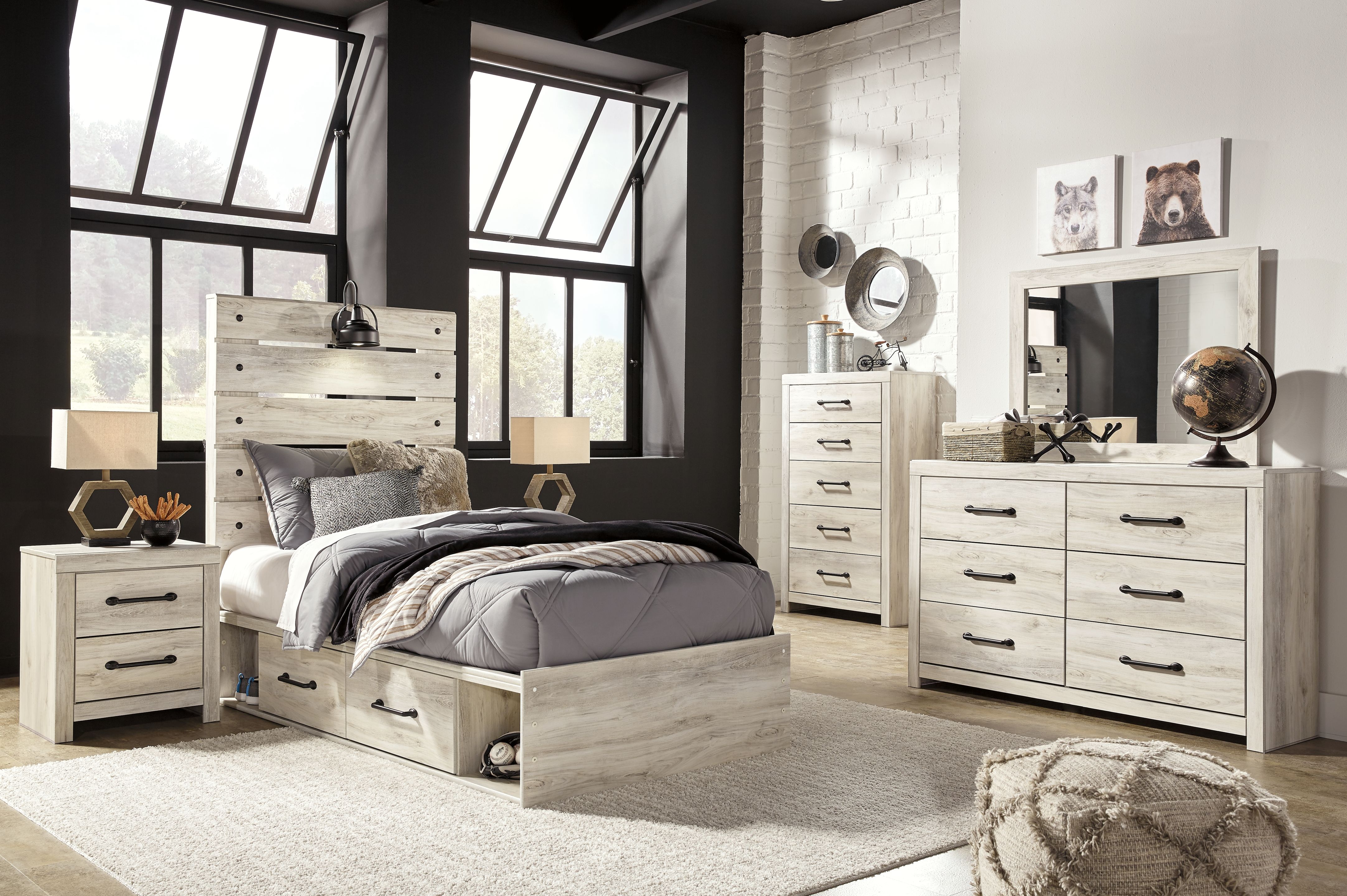 Twin · 6 Pc · Dresser, Mirror, Twin Panel Bed with Side Storage Drawers