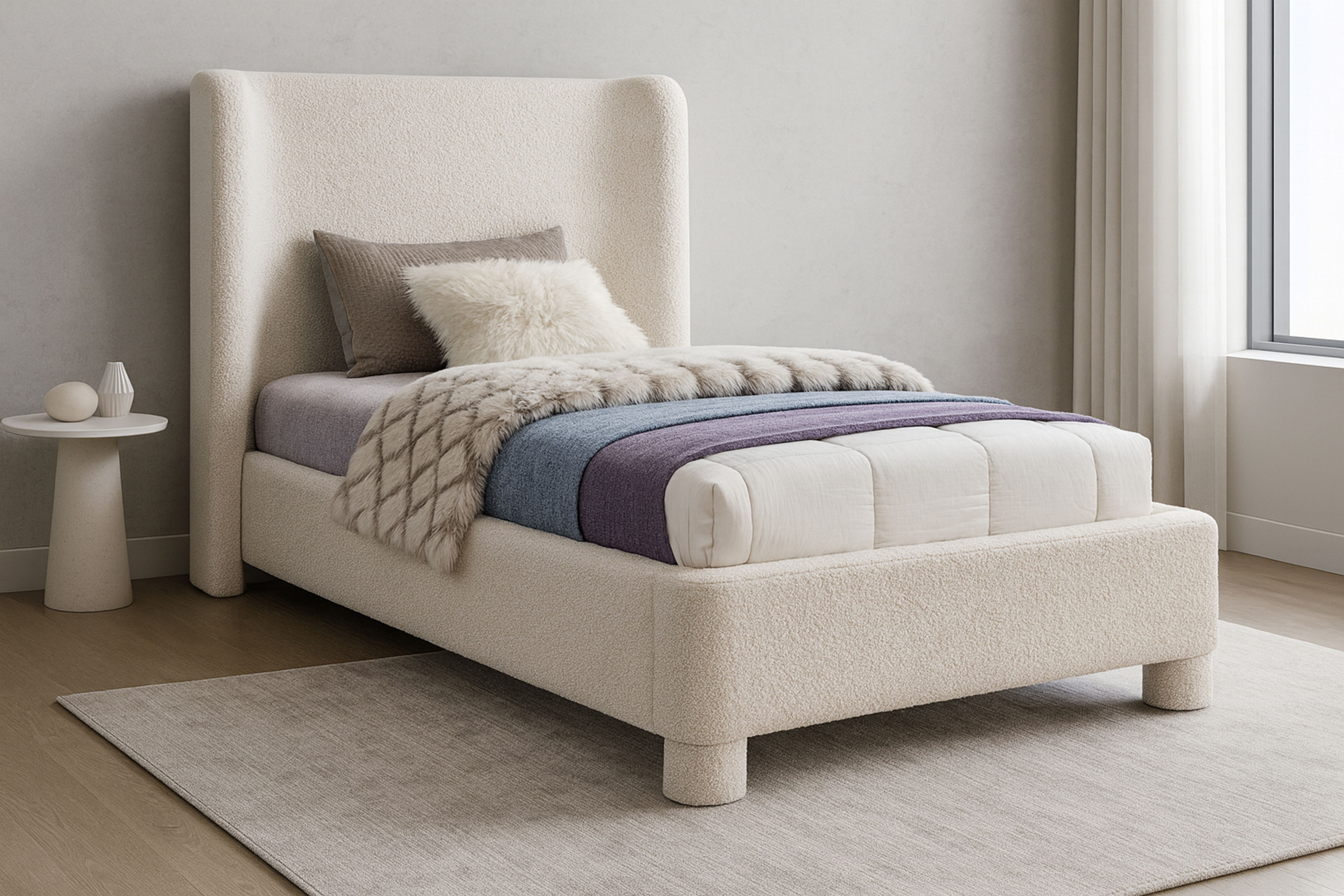 Penny - Boucle Fabric Twin Bed - Cream