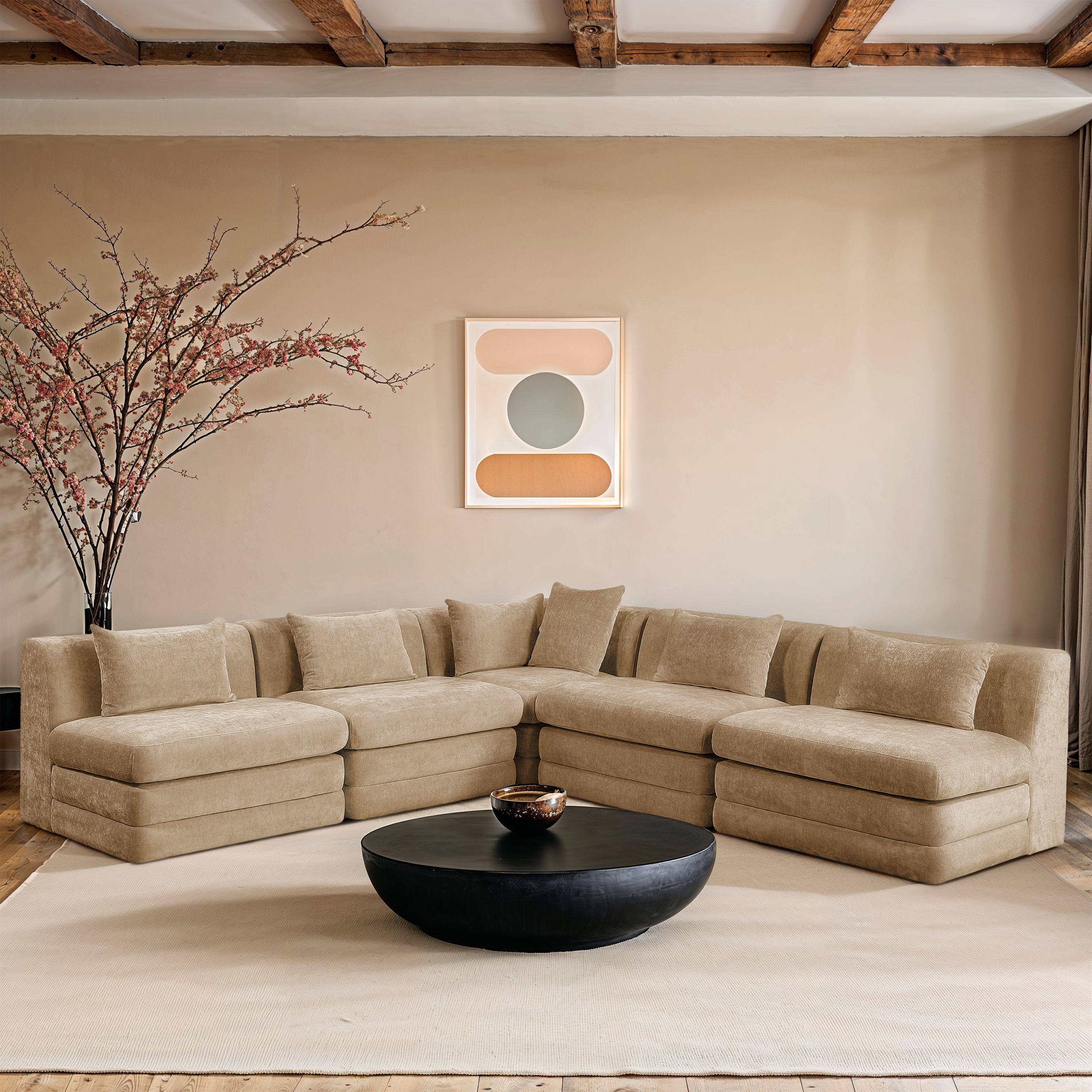 Stellar - 5 Piece Chenille Fabric 114" Upholstered Modular Sectional - Beige