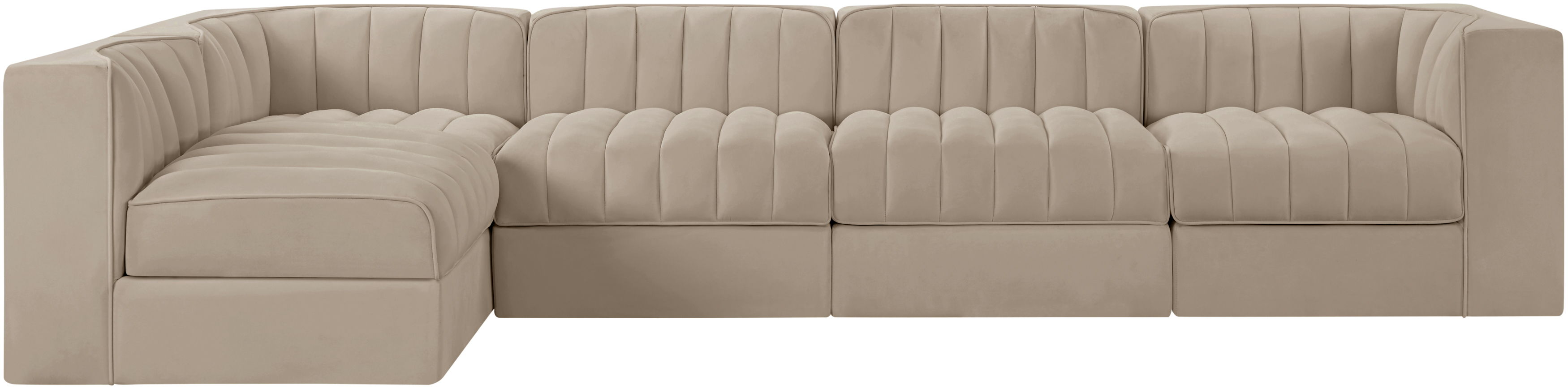 Rummi - Velvet Performance Fabric Upholstered 5 Piece Modular Sectional, L-Shaped (Right) - Beige