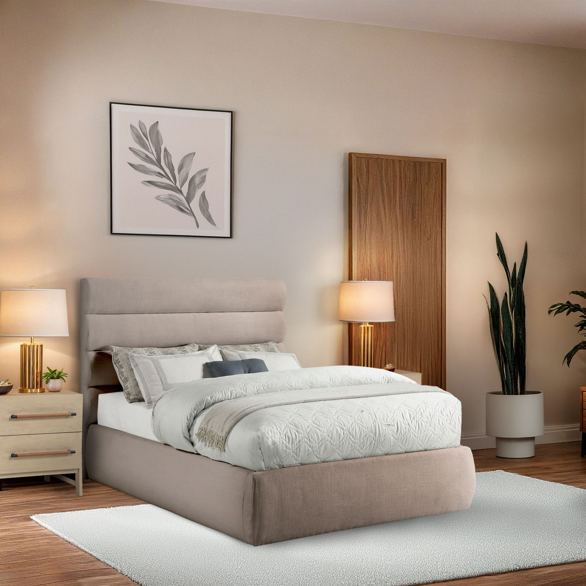 Adam - Linen Fabric Full Bed With 52" Headboard - Beige