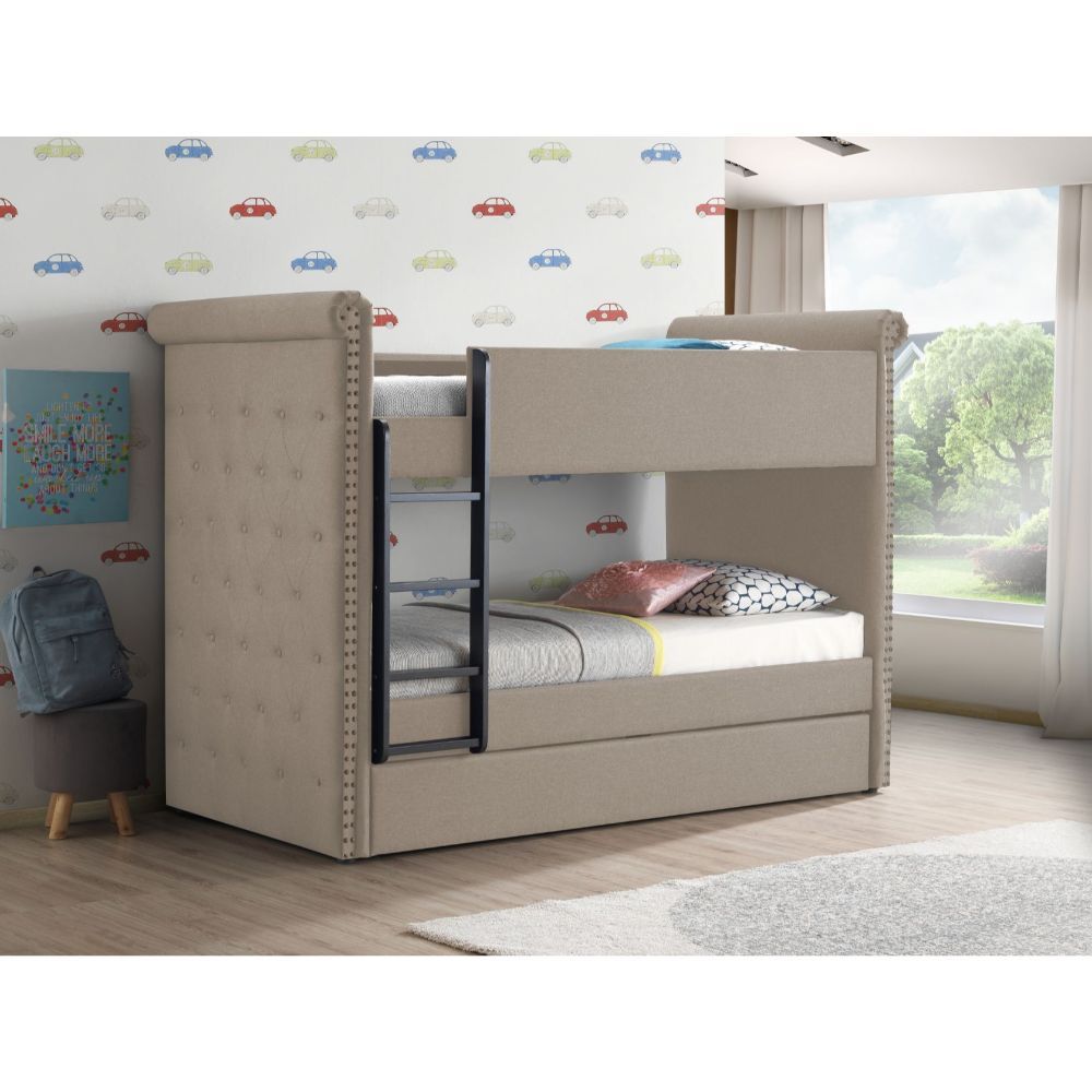 Romana II - Twin Over Twin Bunk Bed With Trundle - Beige Fabric, beige