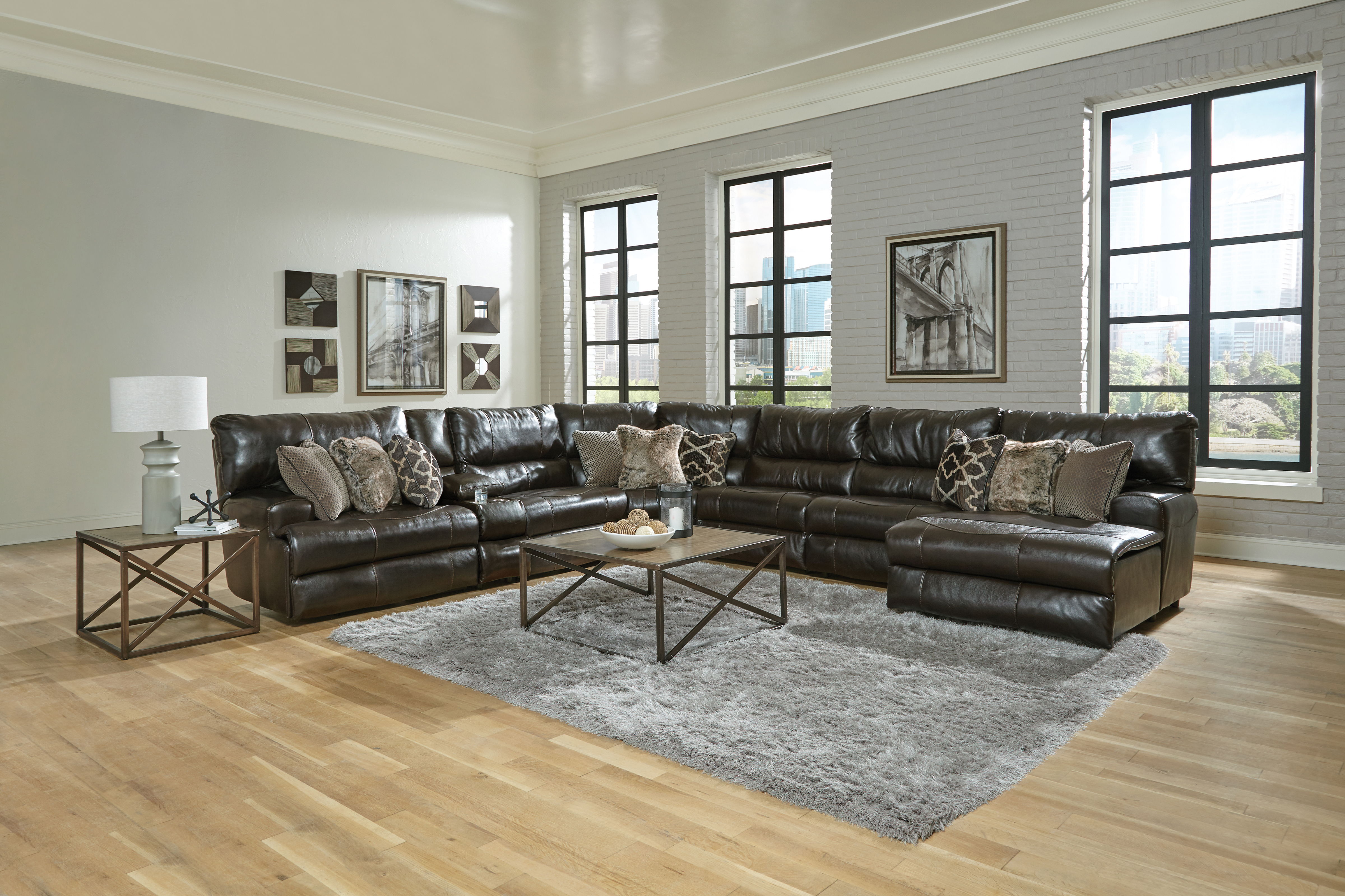 7 Pc · Italian Leather Match Power Reclining Sectional With 2 Lay Flat Reclining Seats And RSF Chaise