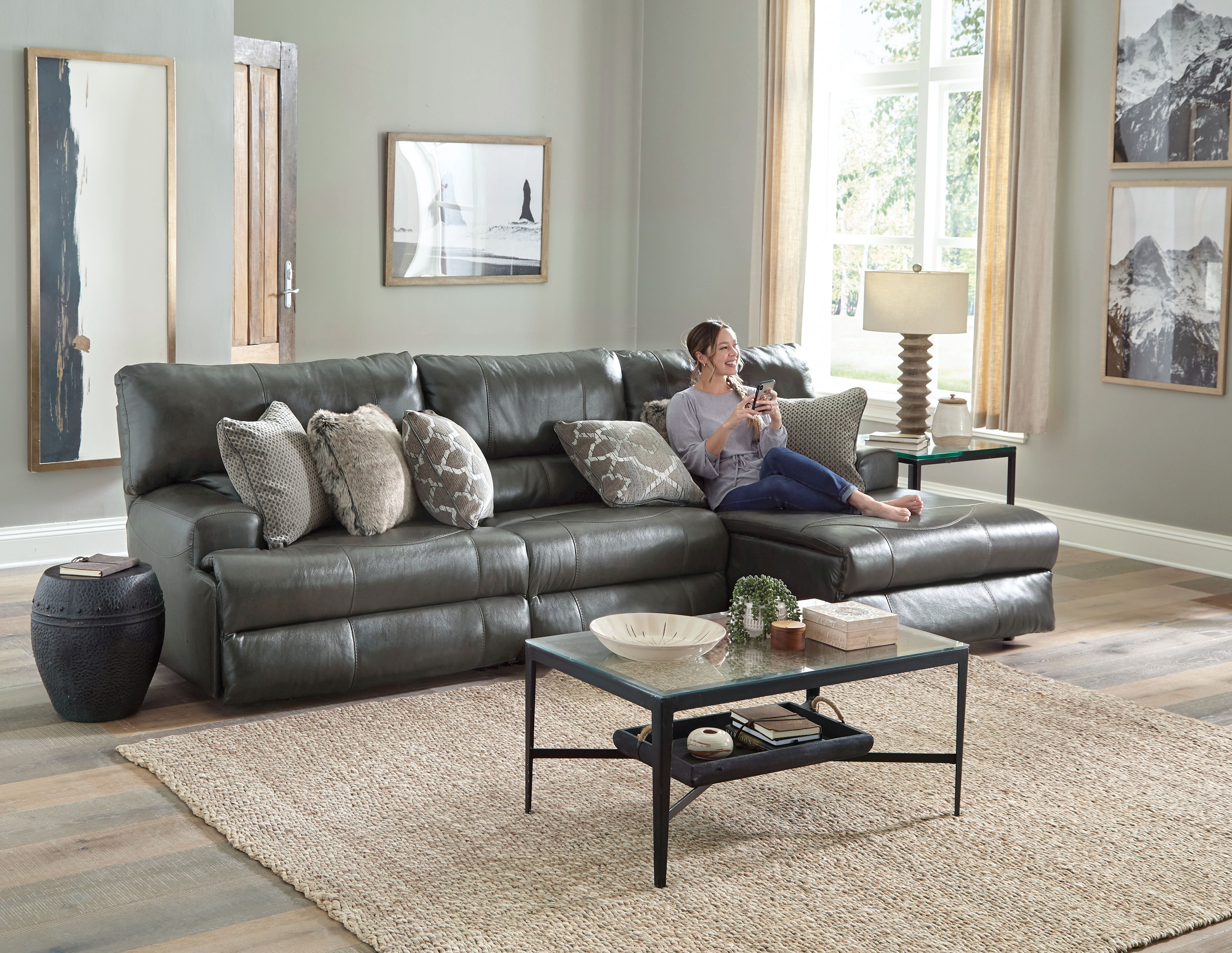 Como - 3 Piece Italian Leather Match Power Reclining Sofa / Chaise With 1 Lay Flat Reclining Seat And RSF Chaise - Steel