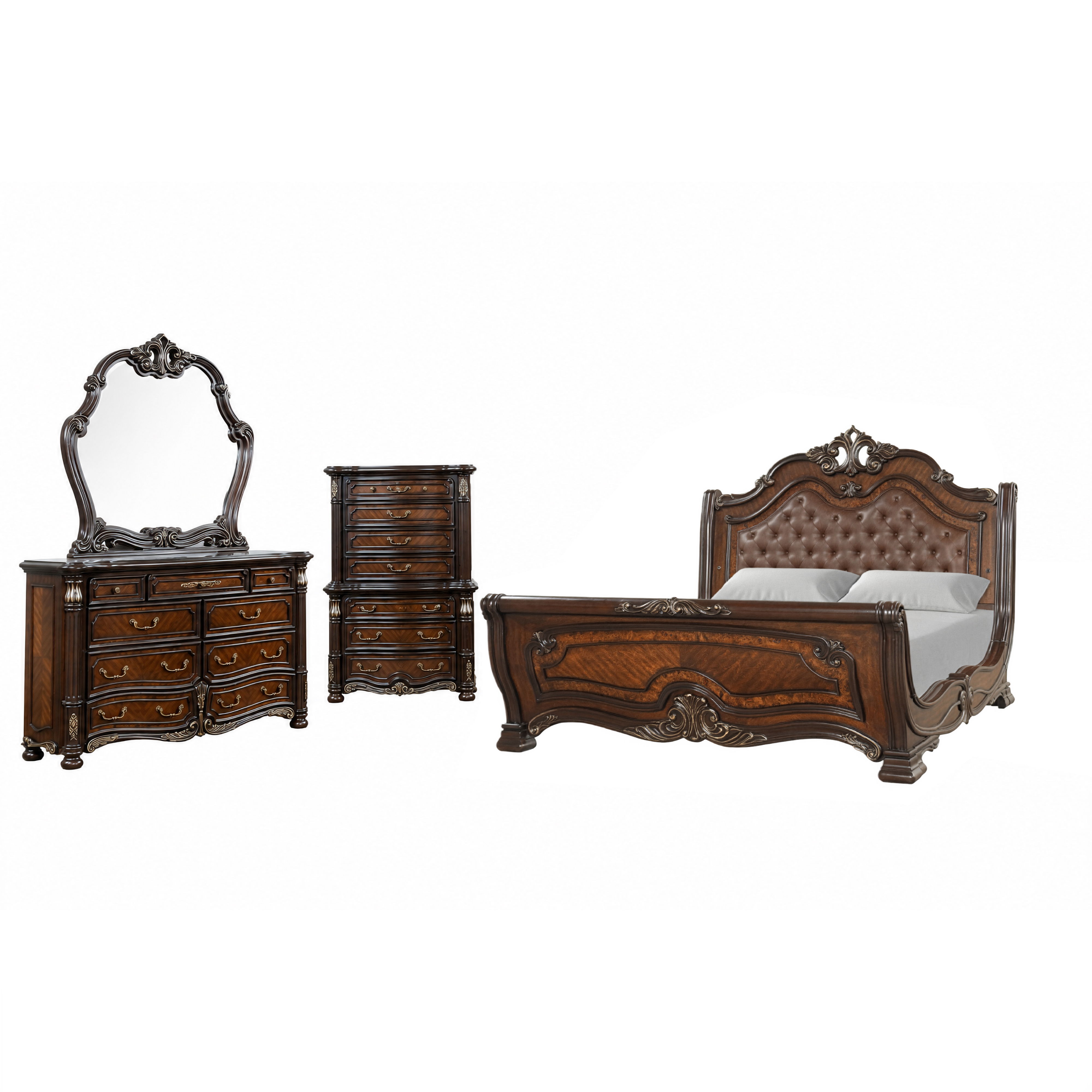 Eastern King · 4 Pc · Padded Sleigh Bed, Dresser, Mirror, Chest