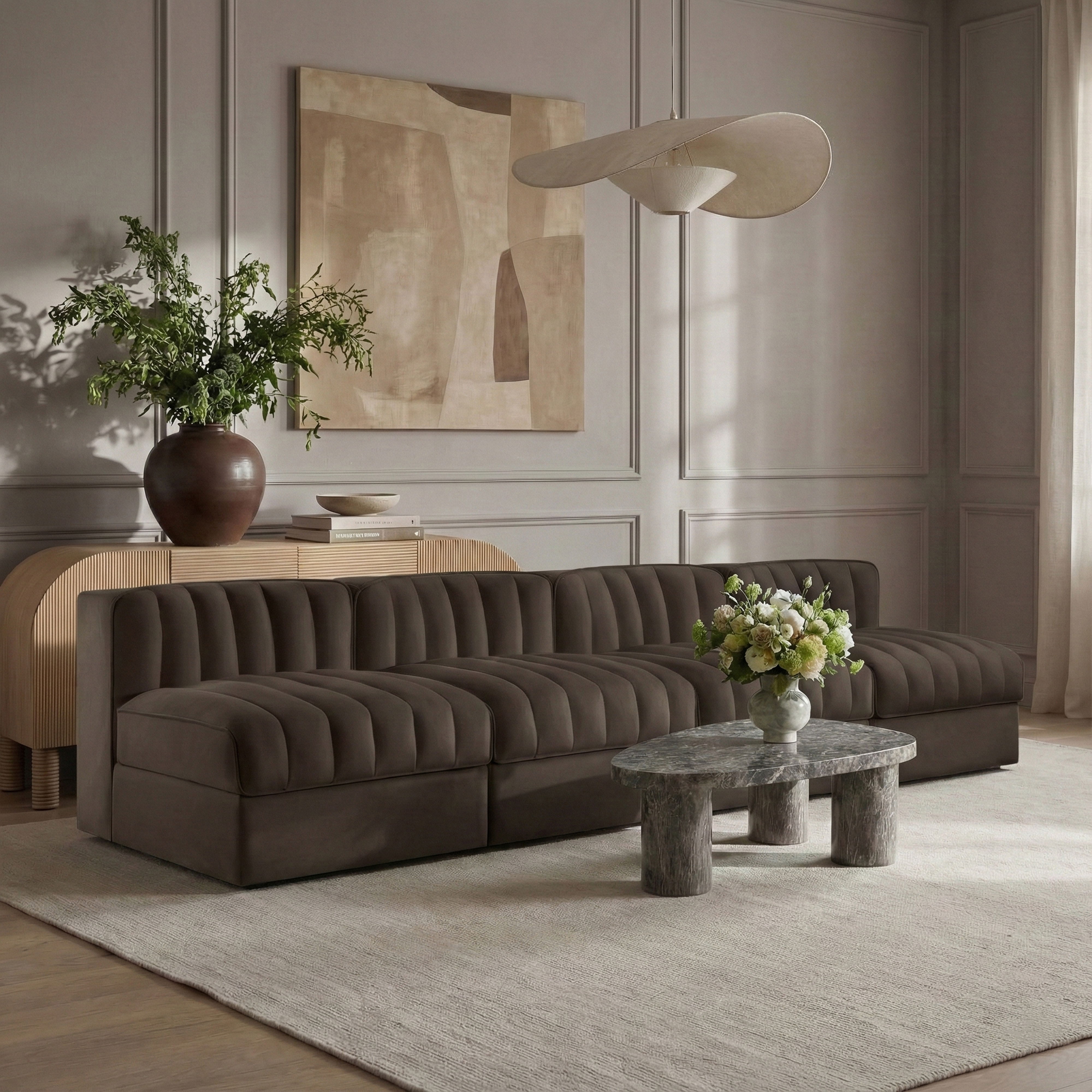 Rummi - Armless Velvet Performance Fabric Upholstered 4 Piece Modular Sofa - Brown