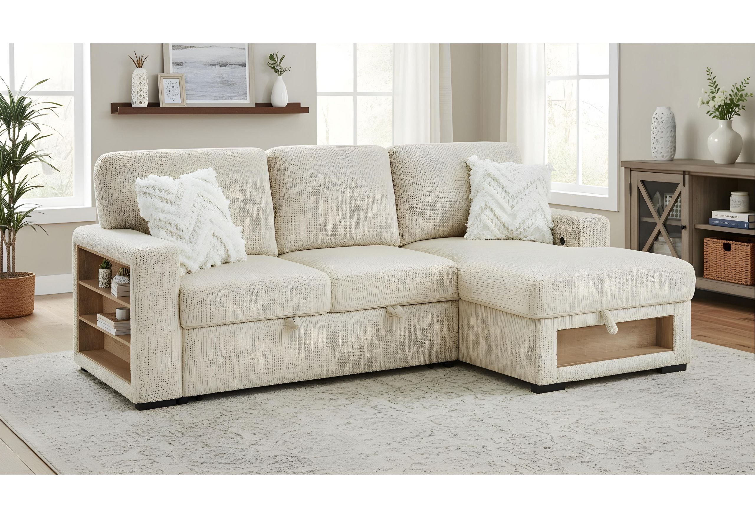 U0222 - Sofa Bed Chaise With Lift Table, Bookcase Base, 2 Stools And 1 Pillow - Cream