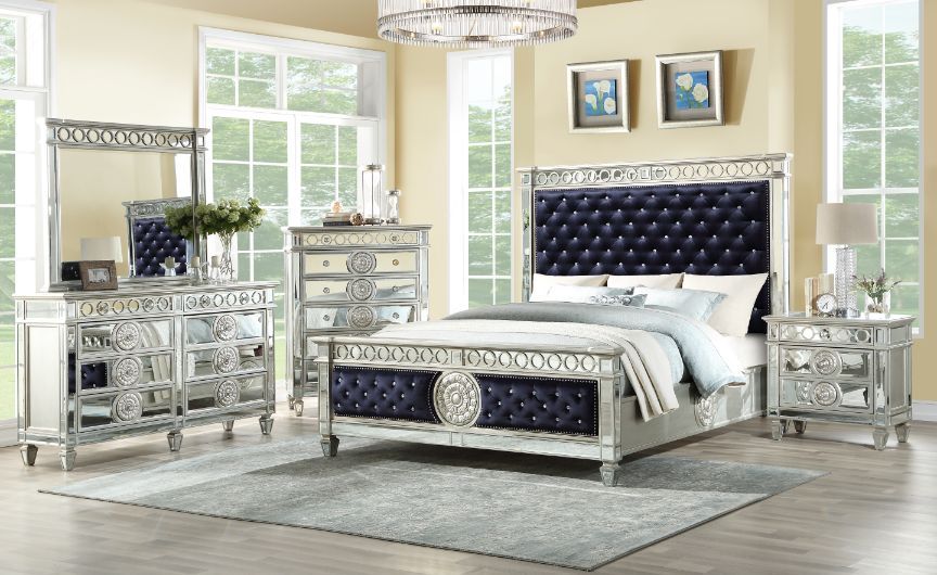 Varian - Queen Bed - Dark Navy Blue Velvet & Mirrored, black, view 2