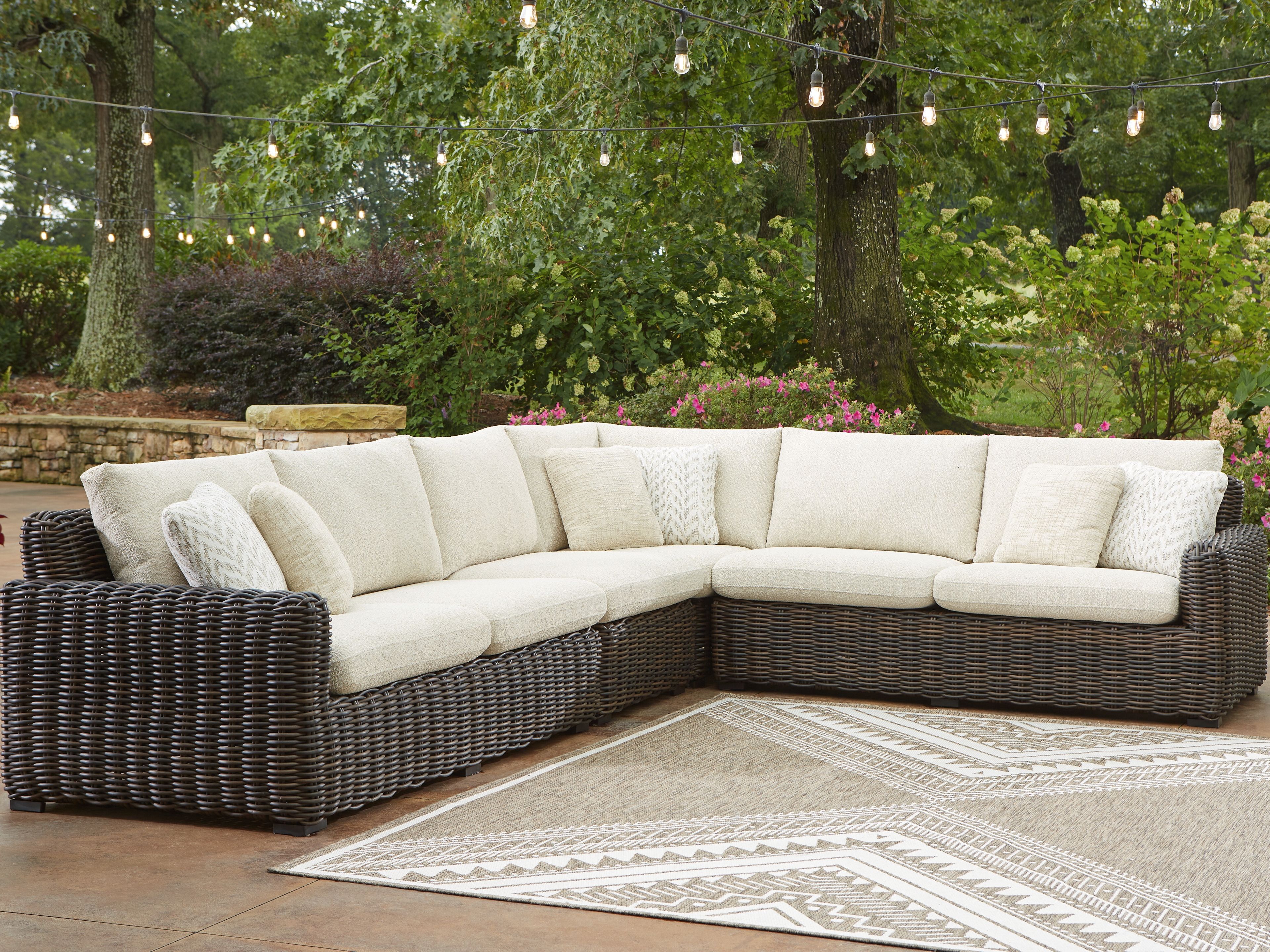 Ashley Furniture Kimora - 7 Pc. - 4-Piece Outdoor Sectional, Swivel Glider Lounge, Cocktail Table, End Table - Beige / Dark Brown - Image 2