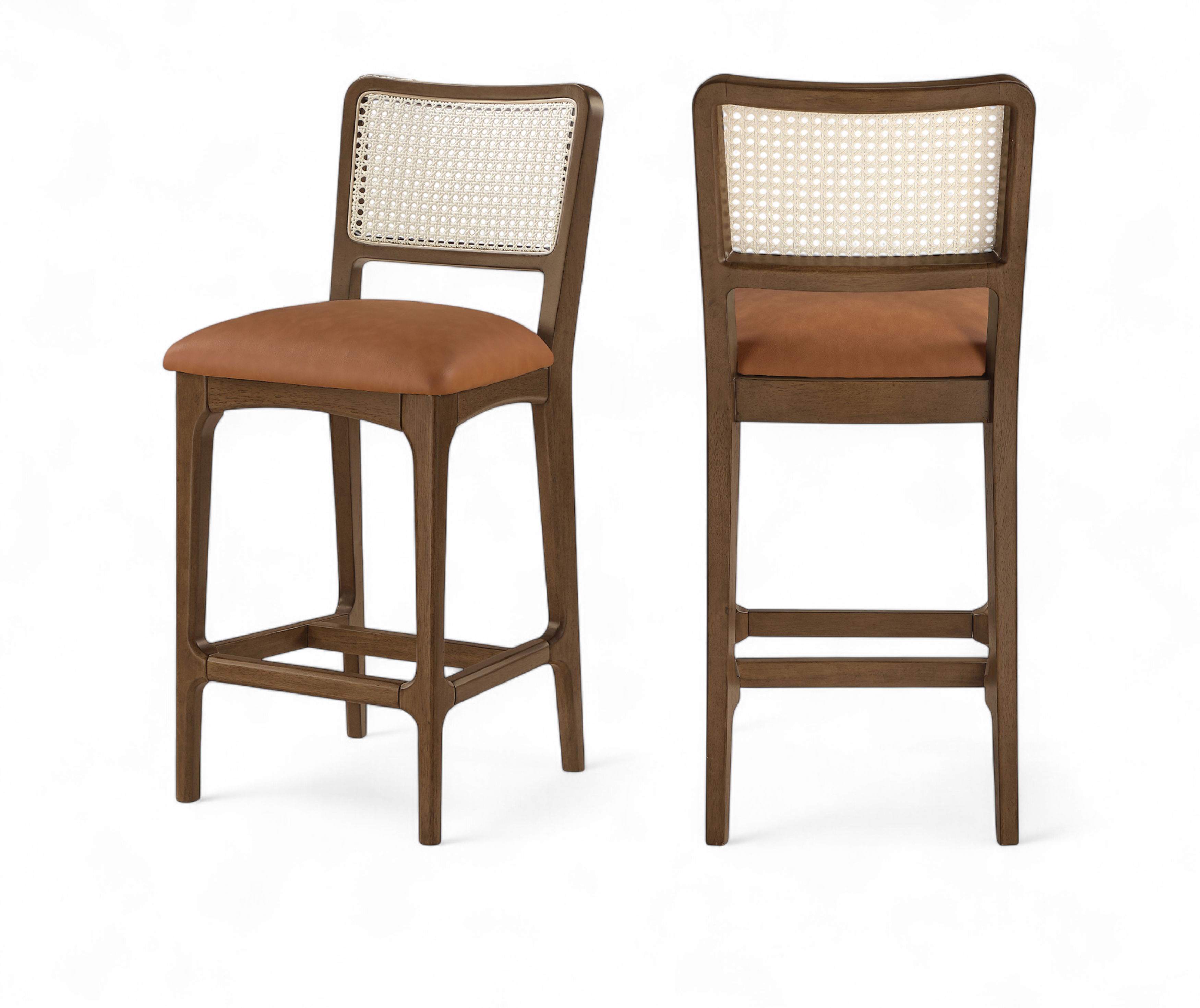Atrium - Cane Back And Vegan Leather Upholstered Seat Counter Stool (Set of 2) - Cognac / Brushed Brown