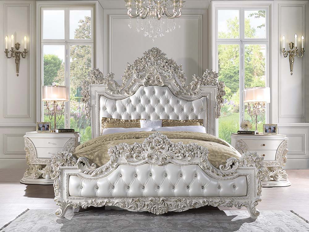 Adara - Eastern King Bed - Pearl White Synthetic Leather & Antique White, white, view 5