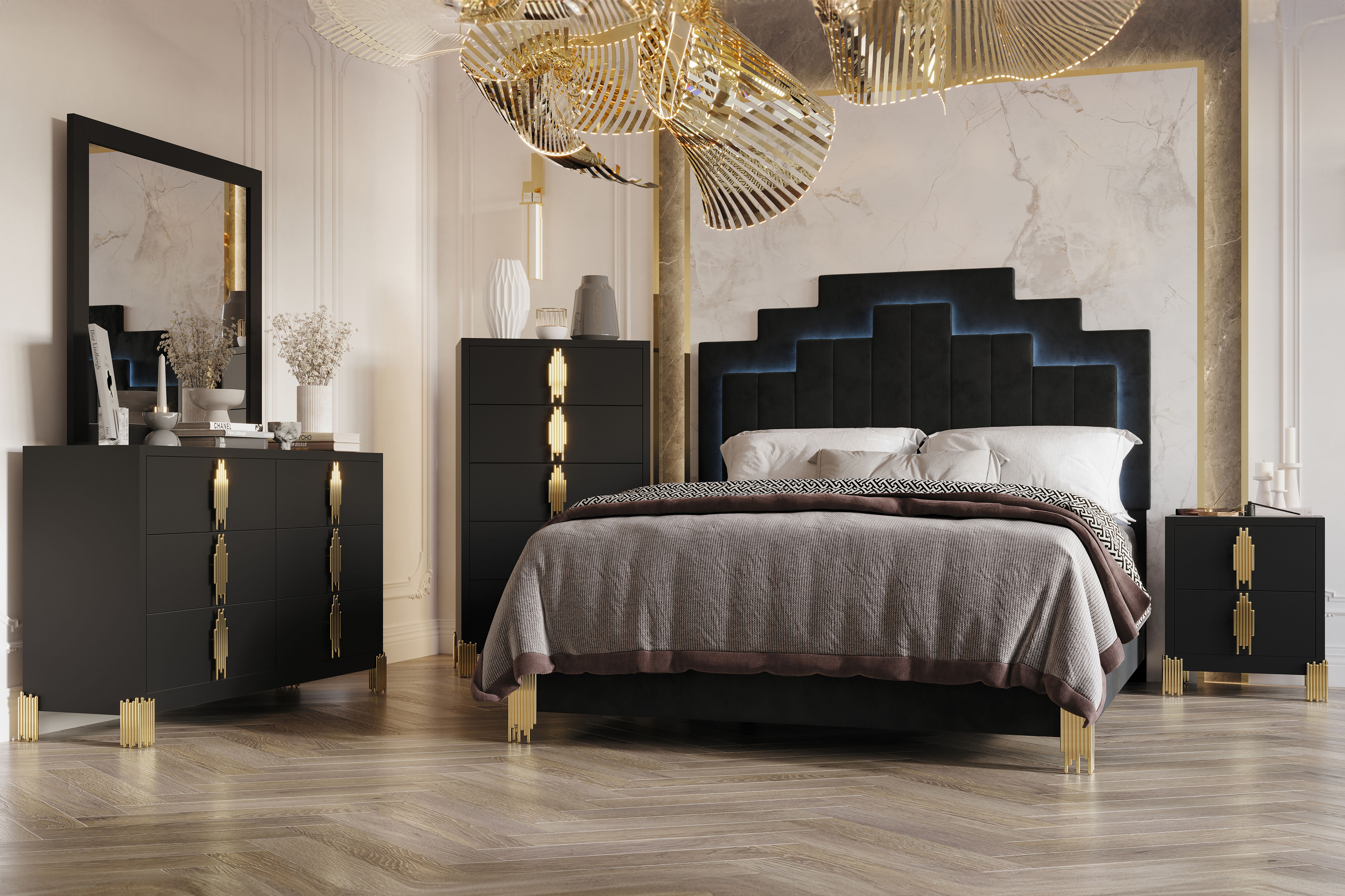 Empire - 5/0 Queen 5 Piece Bedroom Set (Bed & Dresser & Mirror & Chest & Nightstand) - Black