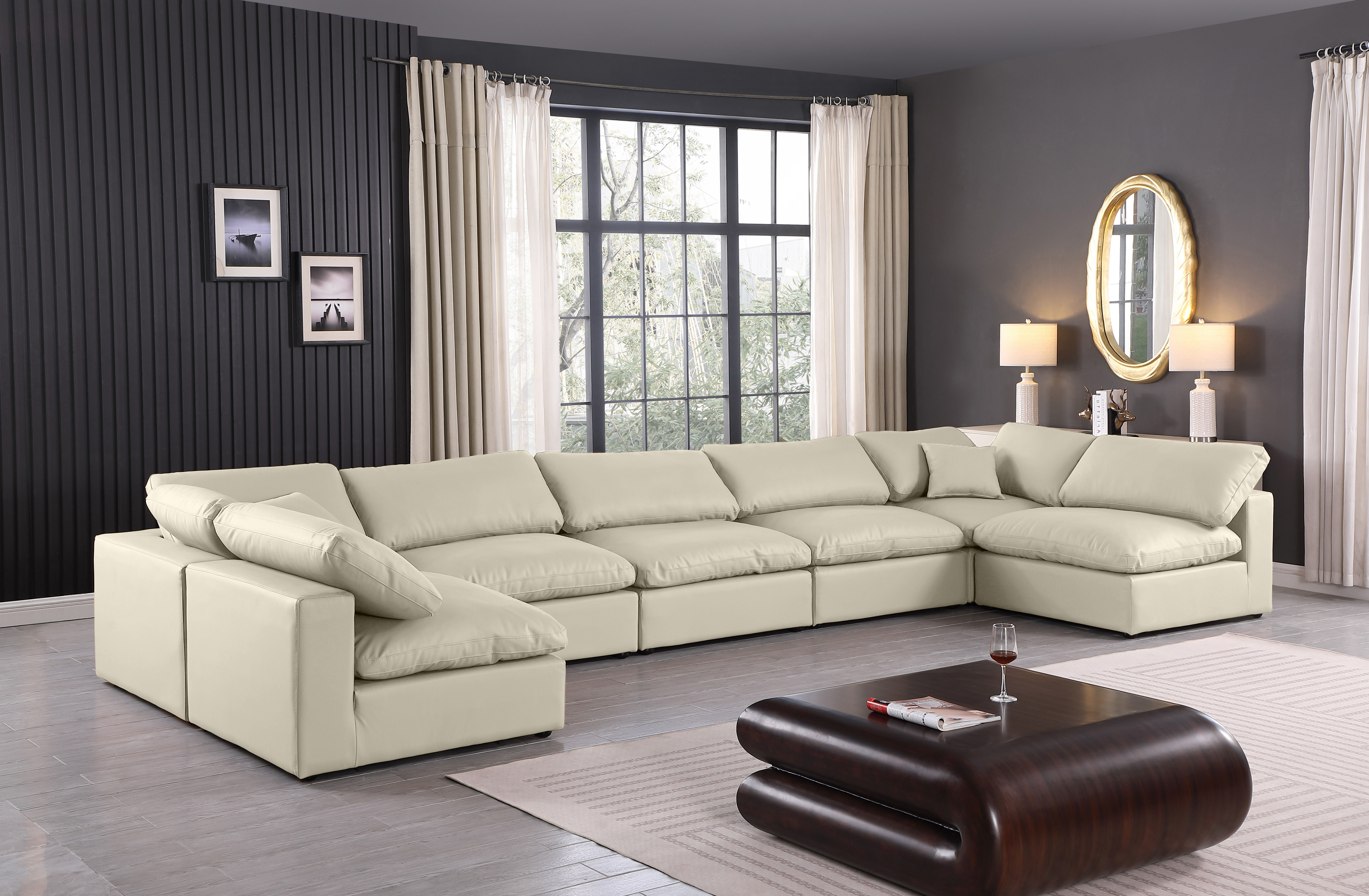 Comfy - 7 Piece Faux Leather Modular Armless Sectional - Cream