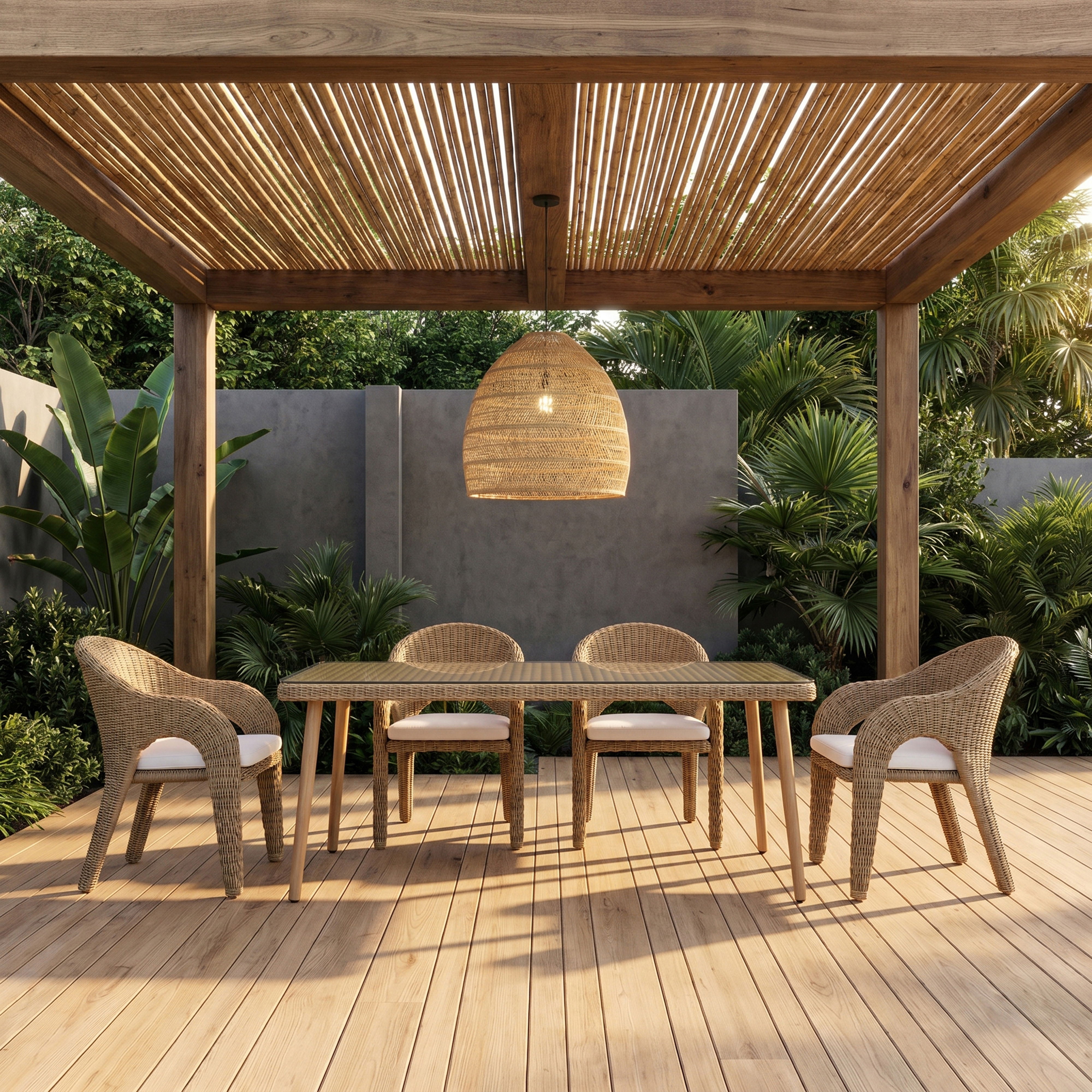 Seacrest - 96" Tempered Glass Top And Wicker Outdoor Patio Dining Table - Natural