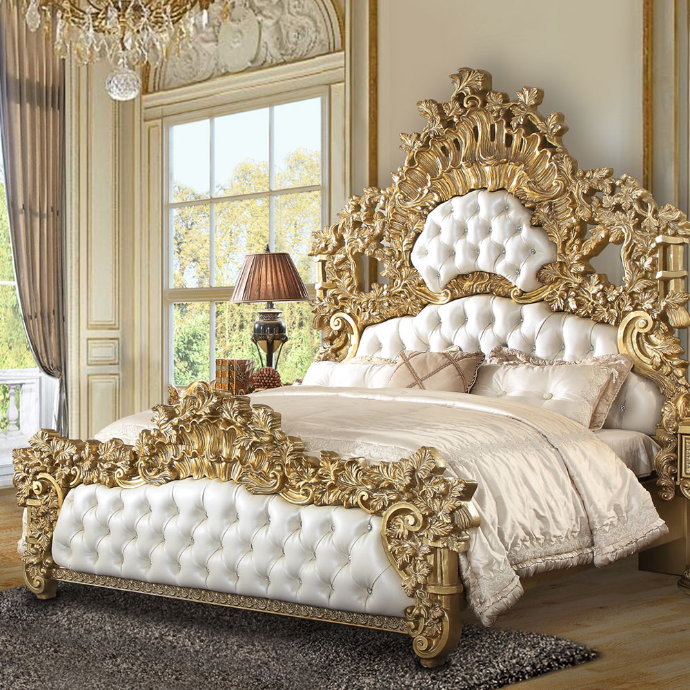 Bernadette - Eastern King Bed - White Synthetic Leather Fabric & Gold, white
