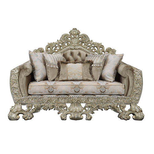 Sorina - Loveseat With 5 Pillows - Velvet, Fabric & Antique Gold, beige