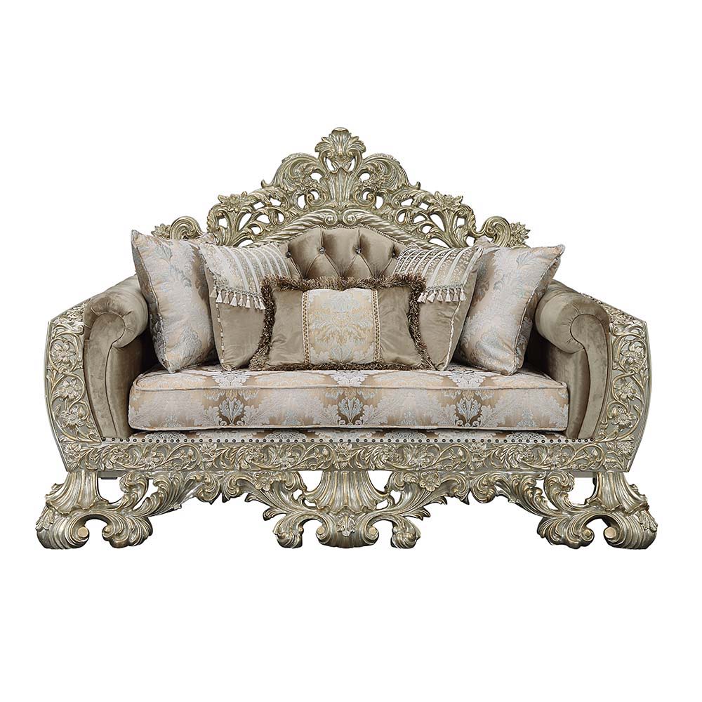 Sorina - Loveseat With 5 Pillows - Velvet, Fabric & Antique Gold, beige