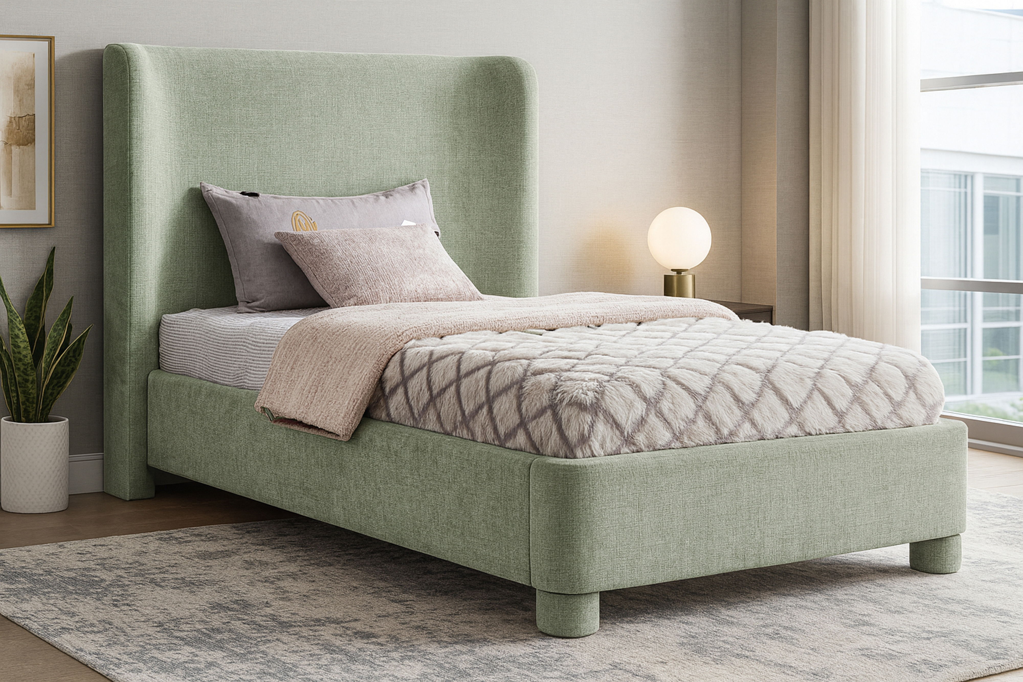Penny - Chenille Fabric Twin Bed - Mint Green