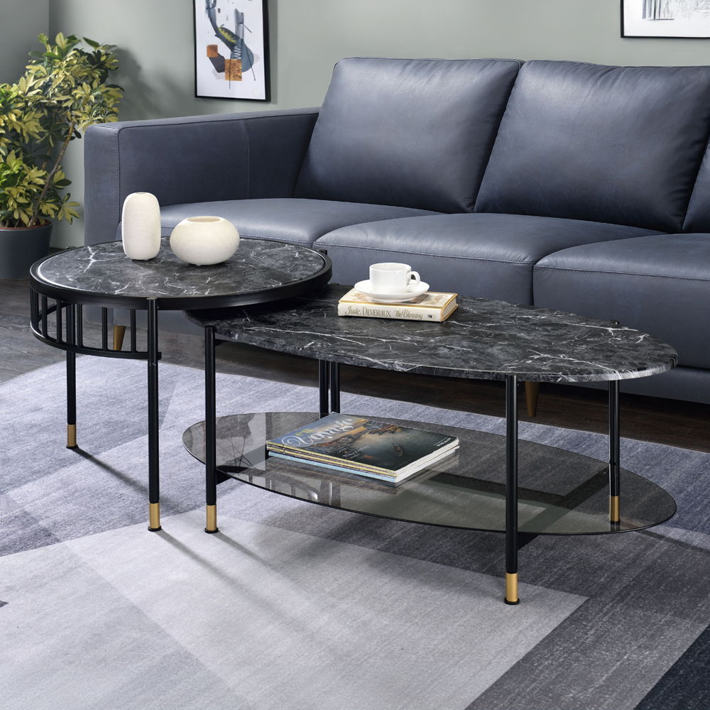 Silas - Nesting Coffee Table Set - Faux Marble Top & Black, black, view 2