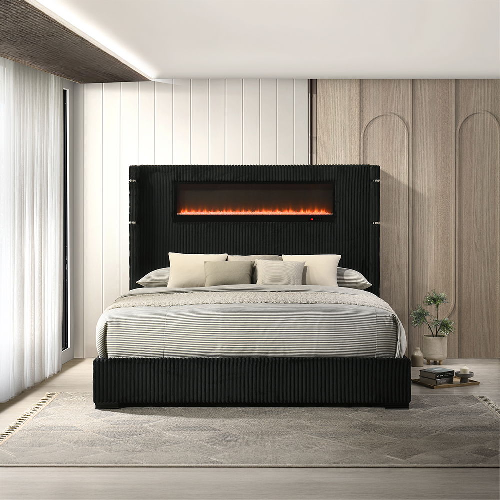 Garner - Queen Bed With Fireplace, LED, Reading Light, Speaker, Bluetooth & USB - Black & Gray, black, view 6