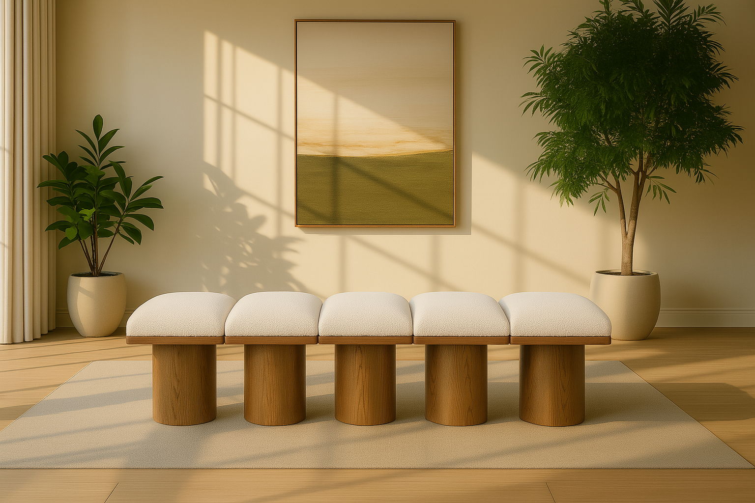 Pavilion - 90" 5 Piece Modular Bench With Brown Base - Cream