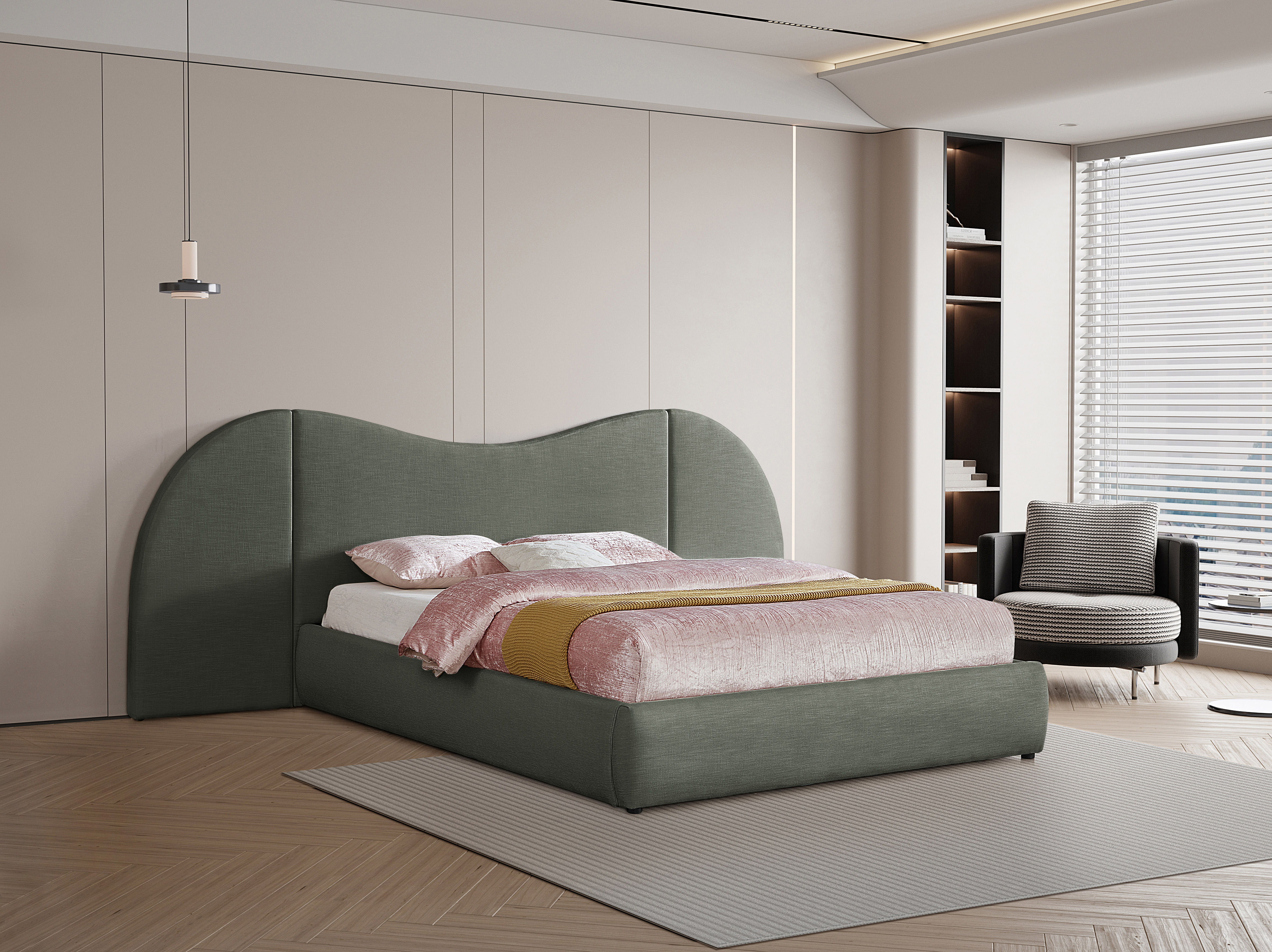 Everest - Linen Fabric King Bed - Olive Green