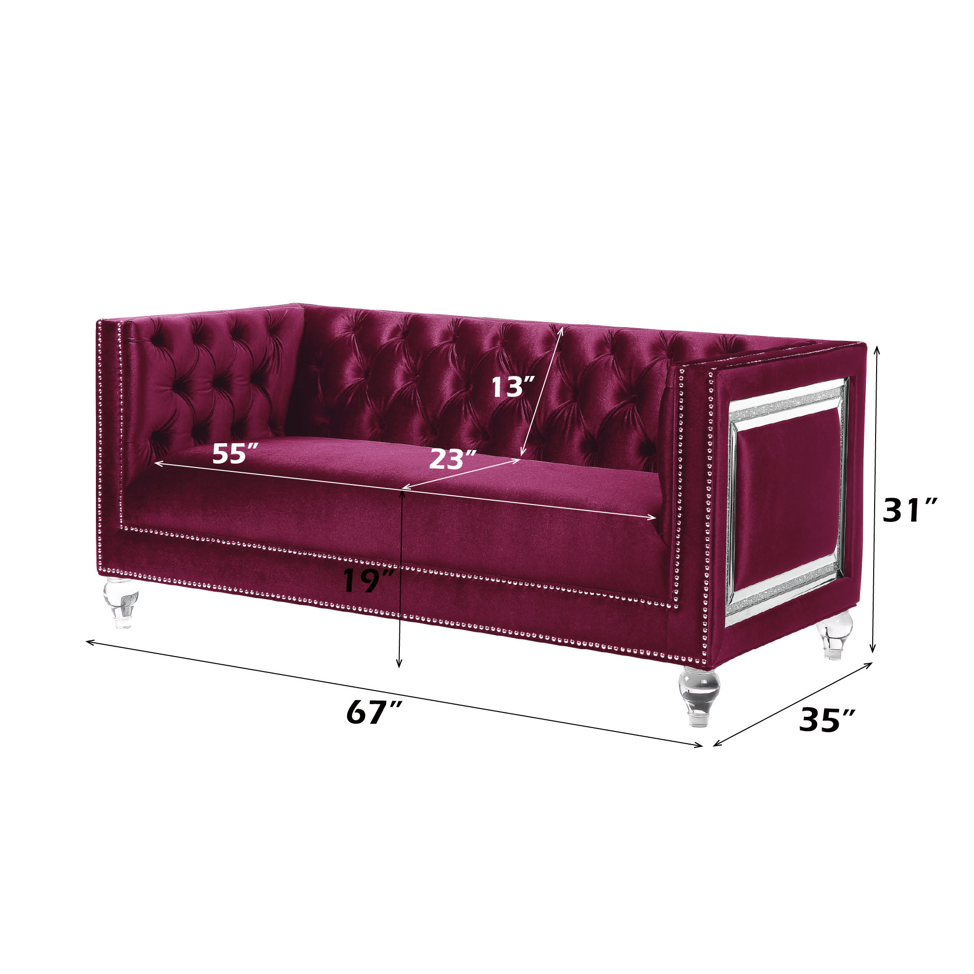 Heibero - Loveseat With 2 Pillows (Same 56896) - Burgundy Velvet, purple, view 4