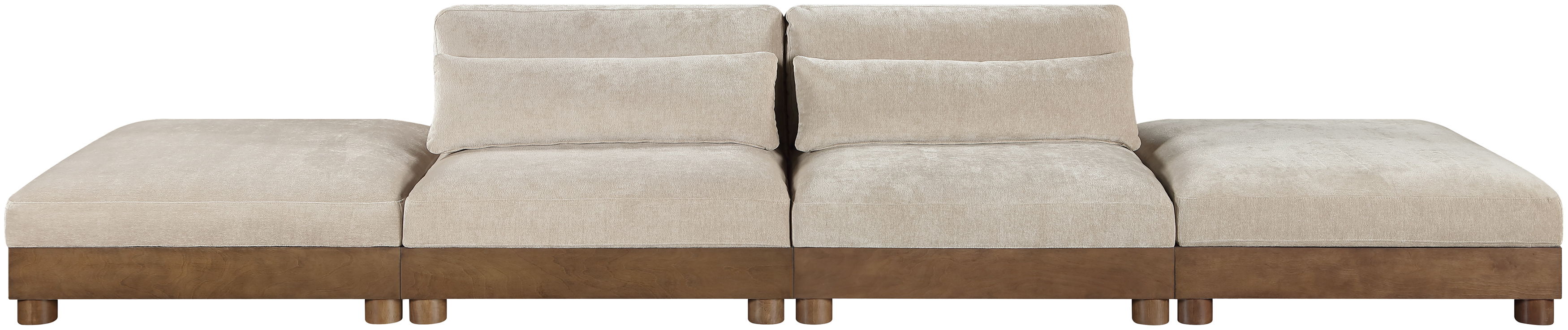 Turin - 160" Chenille Fabric Upholstered 4 Piece Modular Sofa - Taupe / Brown Walnut