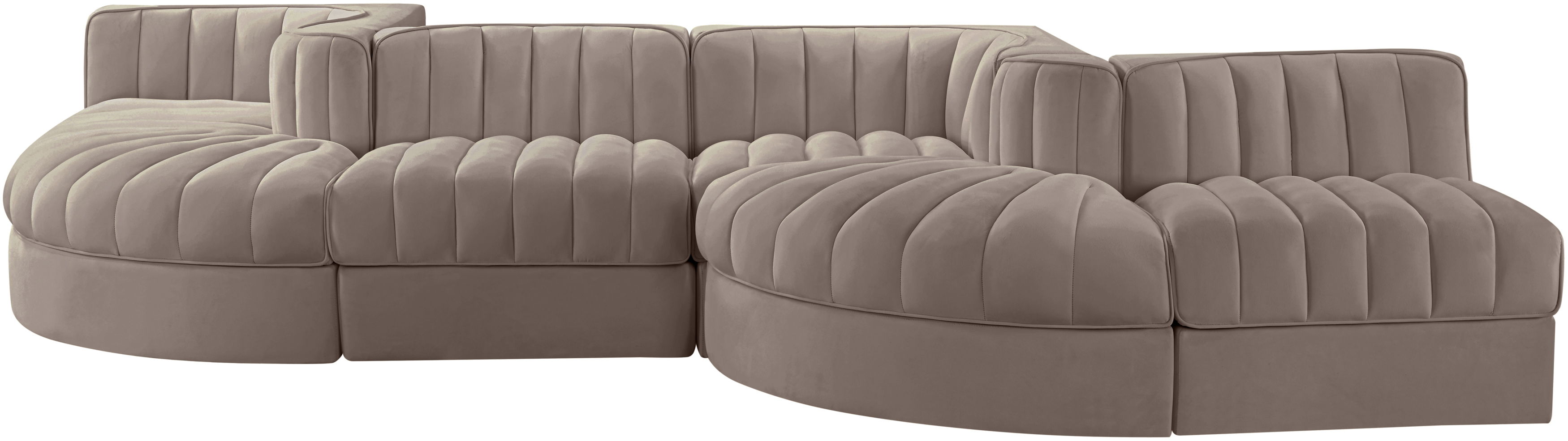 Rummi - Rounded Velvet Performance Fabric Upholstered 6 Piece Modular Sectional - Taupe