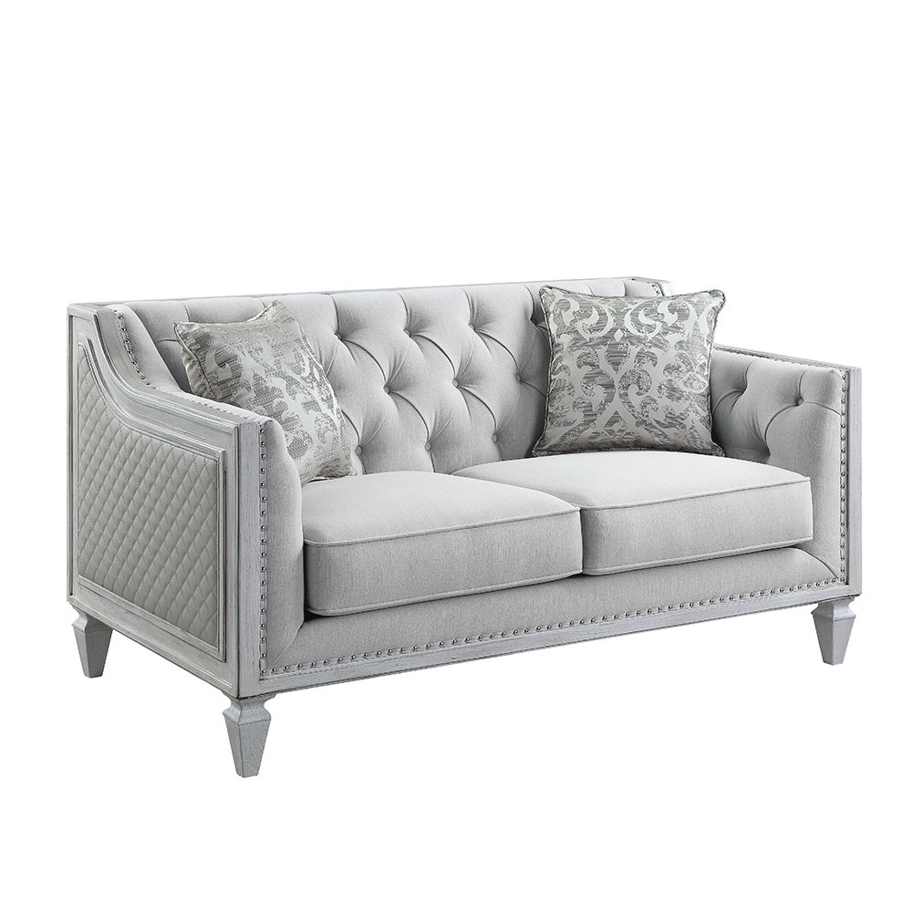 Katia - Loveseat With 2 Pillows - Light Gray Linen & Weathered White, light gray