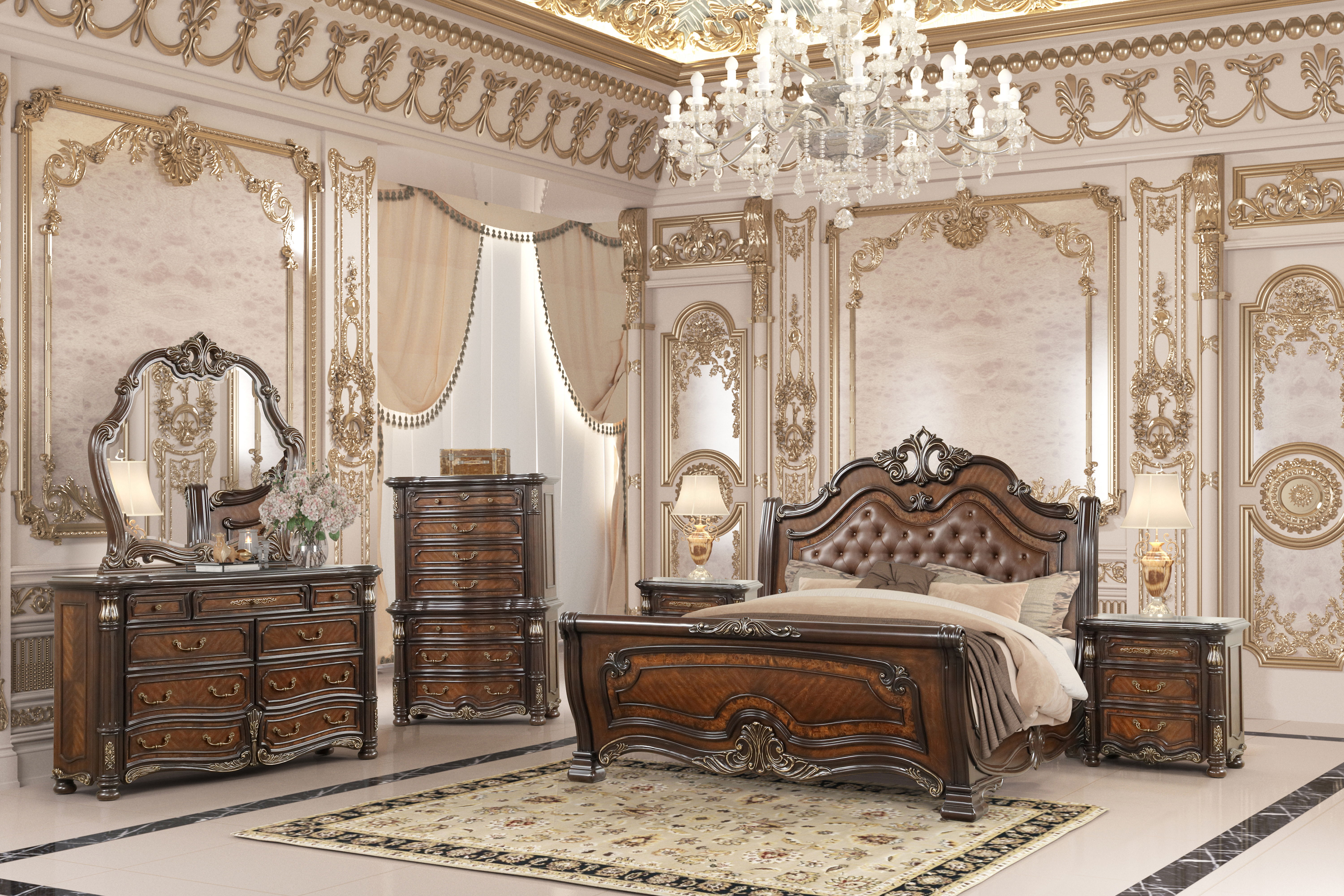 Bella Notte - Queen 6 Piece Bedroom Set (Padded Sleigh Bed, Dresser, Mirror, Chest, 2 Nightstands) - Cherry