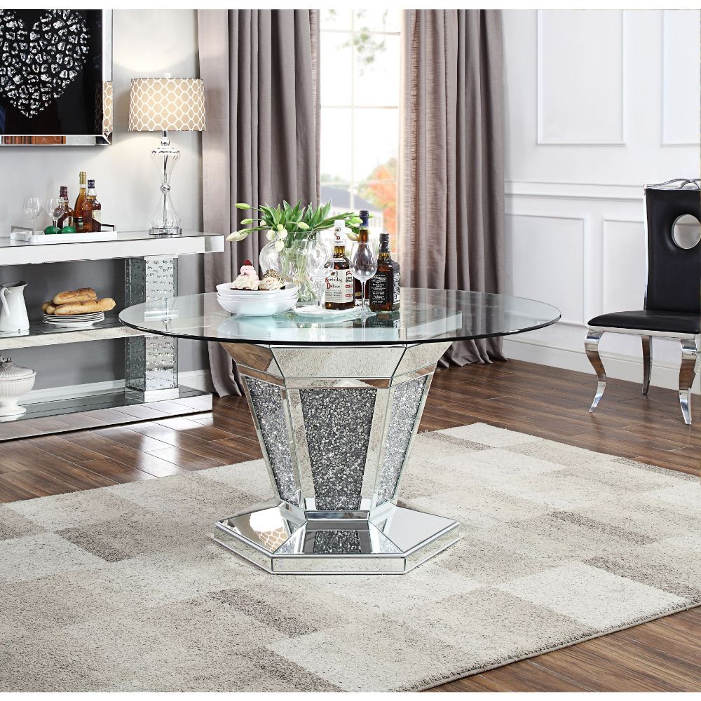 Noralie - Dining Table - Mirrored, Faux Diamonds & Clear Glass Top, silver, view 4