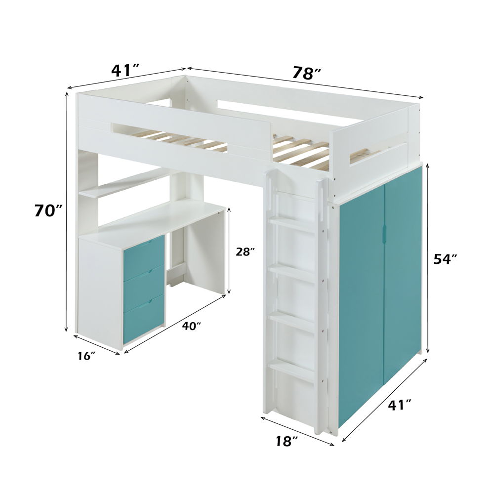 Nerice - Twin Loft Bed With Desk & Wardrobe - White & Teal, light blue, view 3