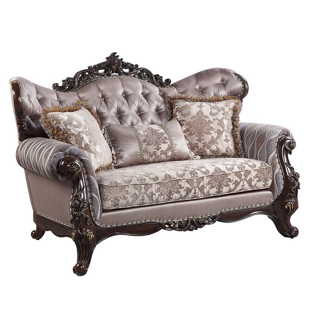 Benbek - Loveseat With 3 Pillows - Fabric & Antique Oak, beige