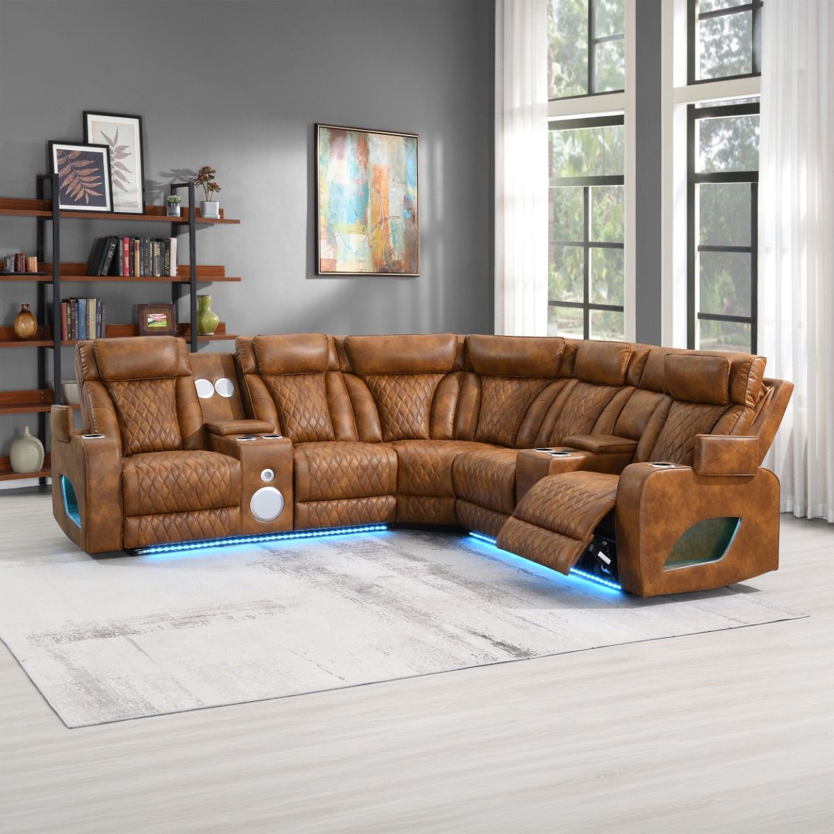 Taddeo - Power Motion Sectional Sofa With Power Headrest, Massage & LED - Two Tone Brown Leatherette, light brown, view 2