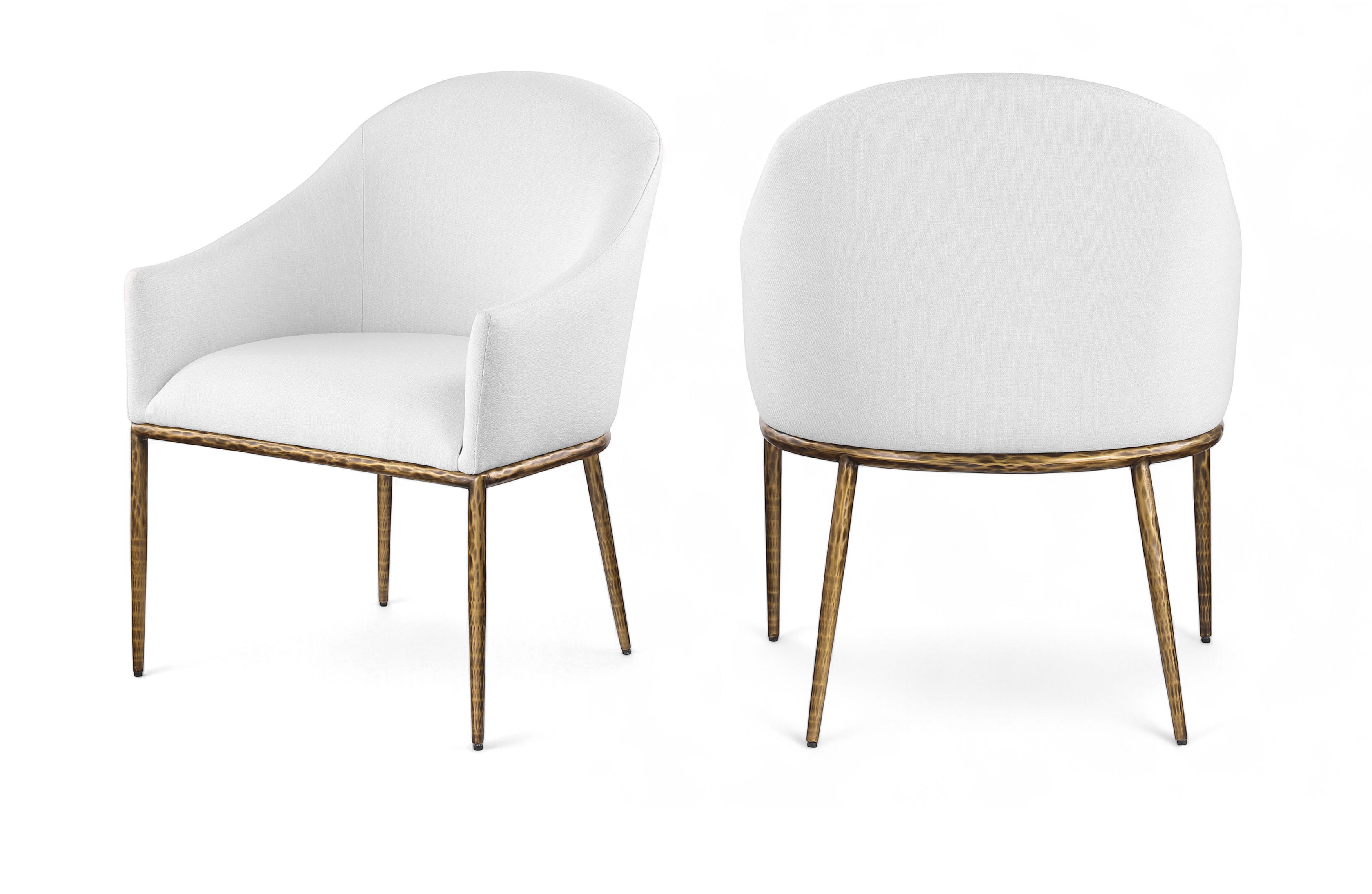 Ferro - Linen Textured Performance Fabric Upholstered Dining Arm Chair - White / Brushed Gold