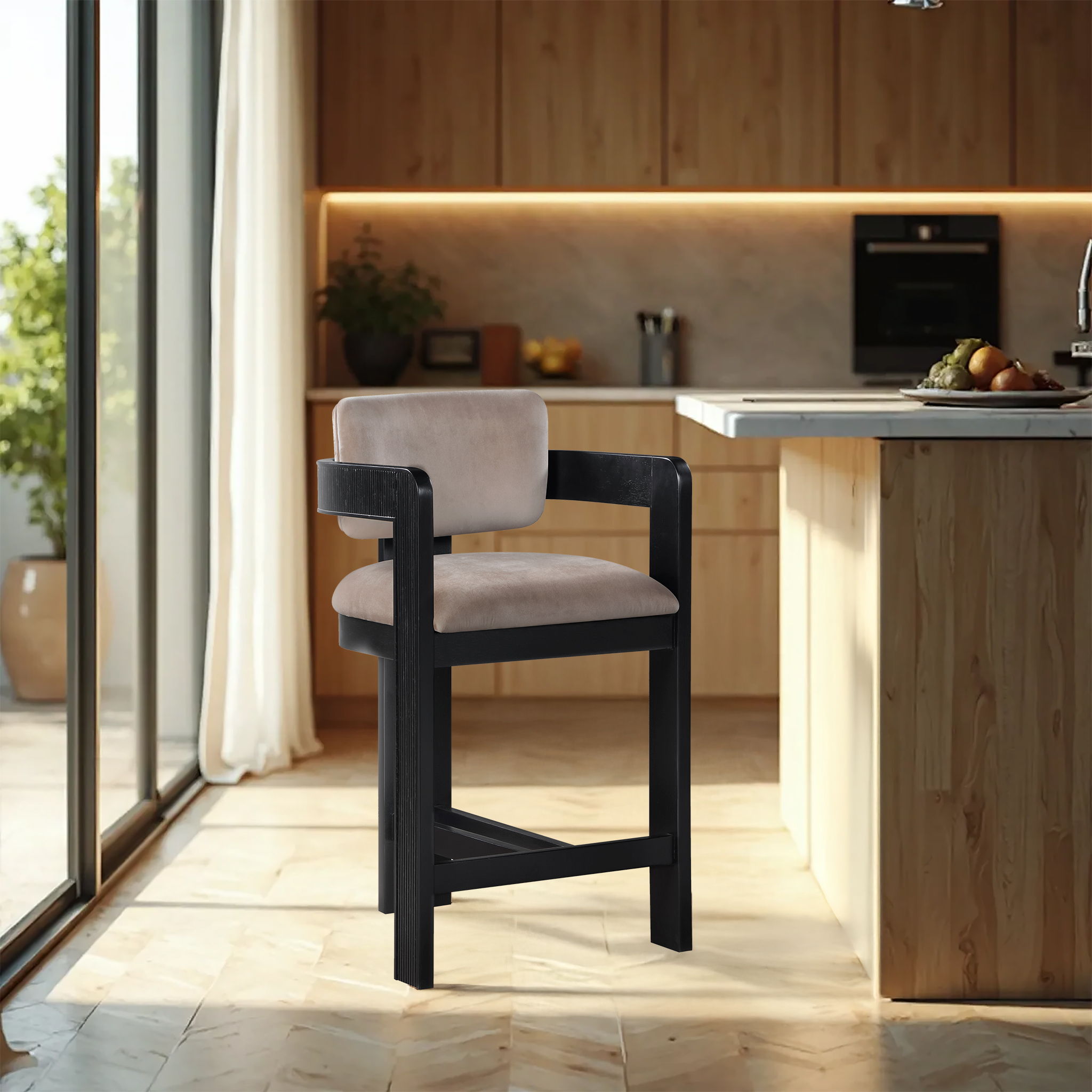 Sacha - Velvet Stool With Black Base - Taupe