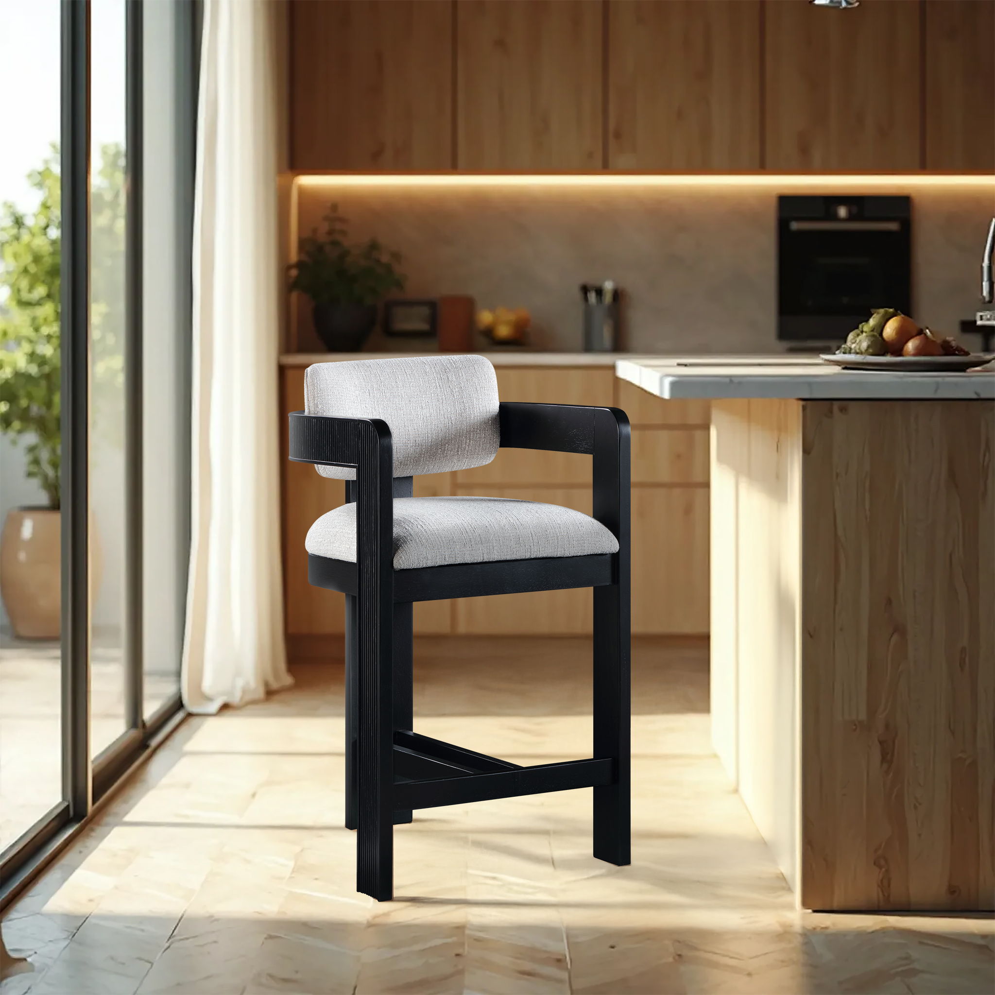 Sacha - Linen Stool With Black Base - Gray