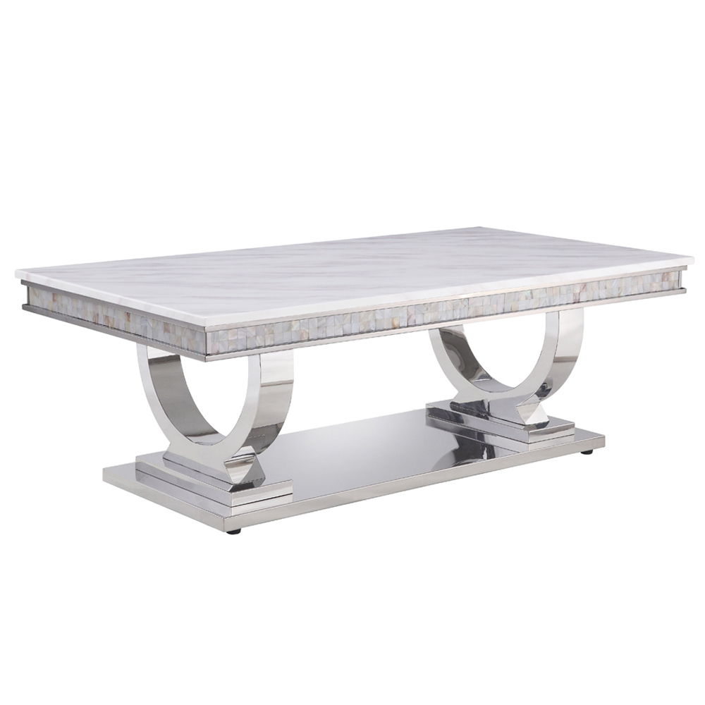 Zander - Coffee Table - White Printed Faux Marble Top & Mirrored Silver, white, view 2
