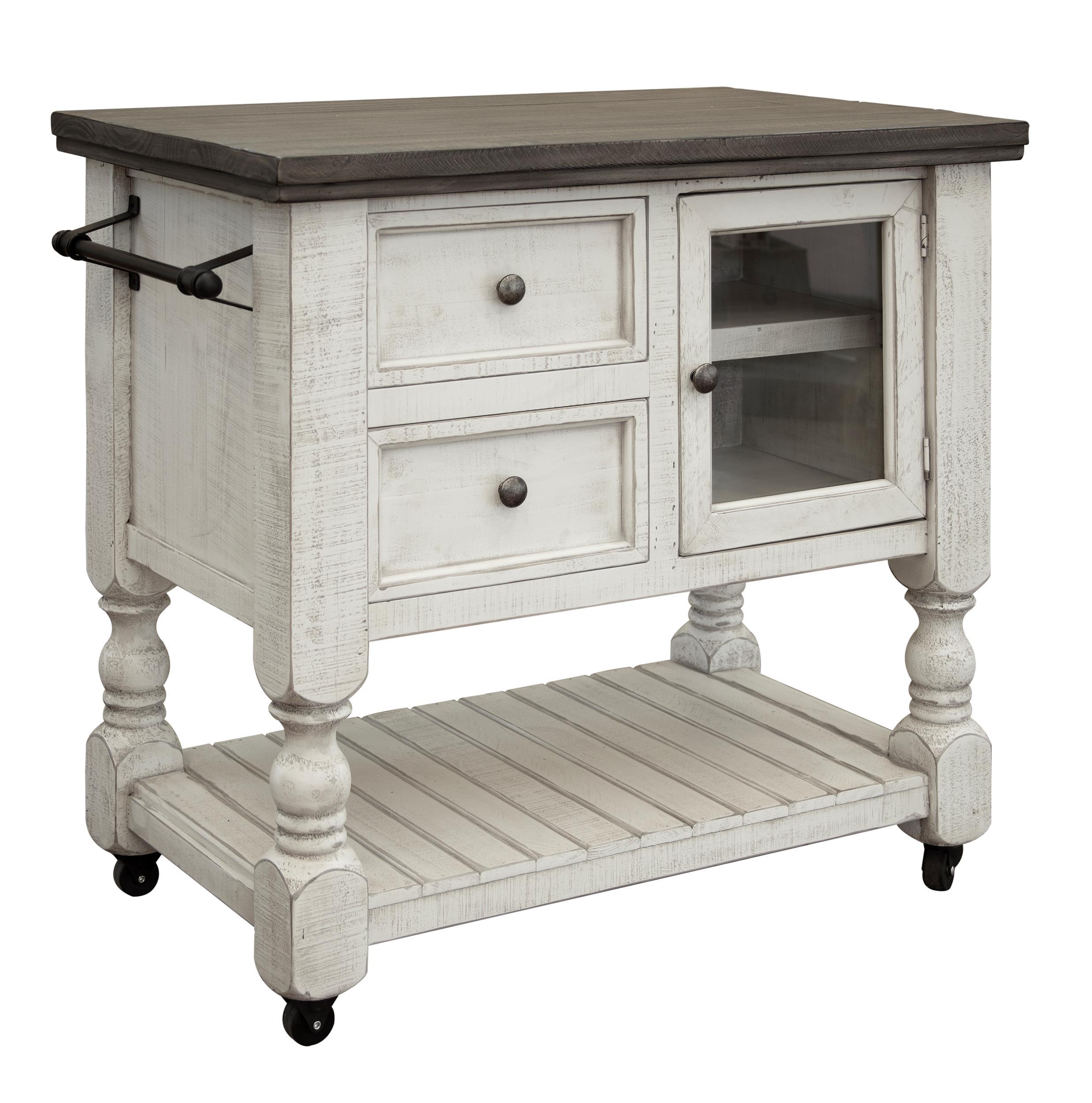 International Furniture Direct Stone - Kitchen Island With 2 Drawer / 1 Glass Door - Antiqued Ivory / Weathered Gray